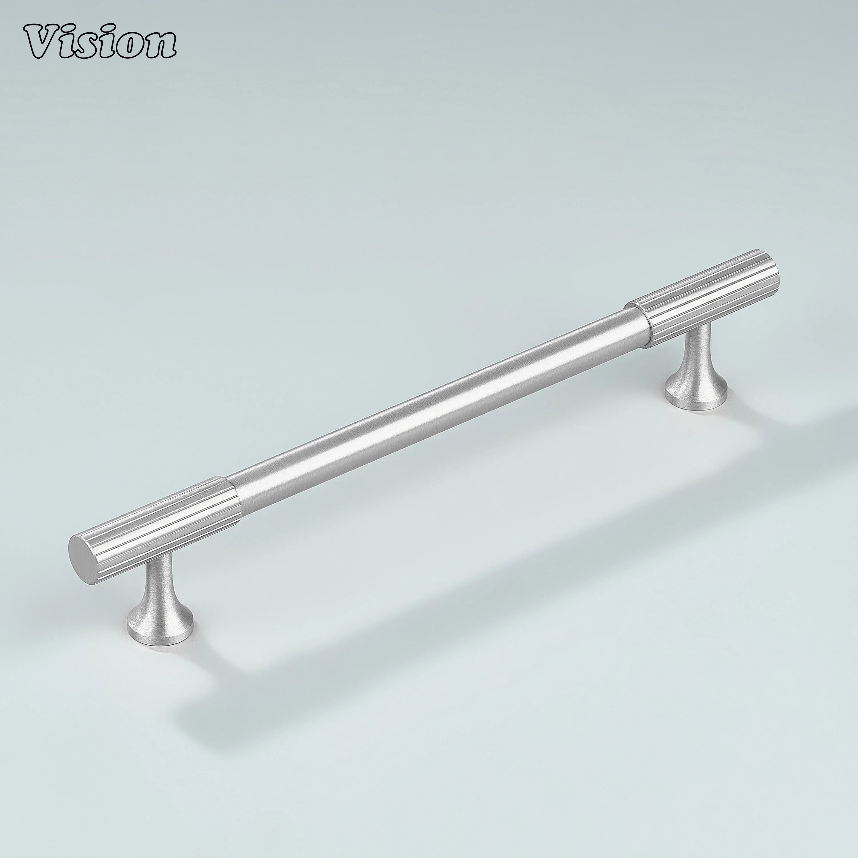 Silver brass handle featuring linear knurling for a clean and modern look.