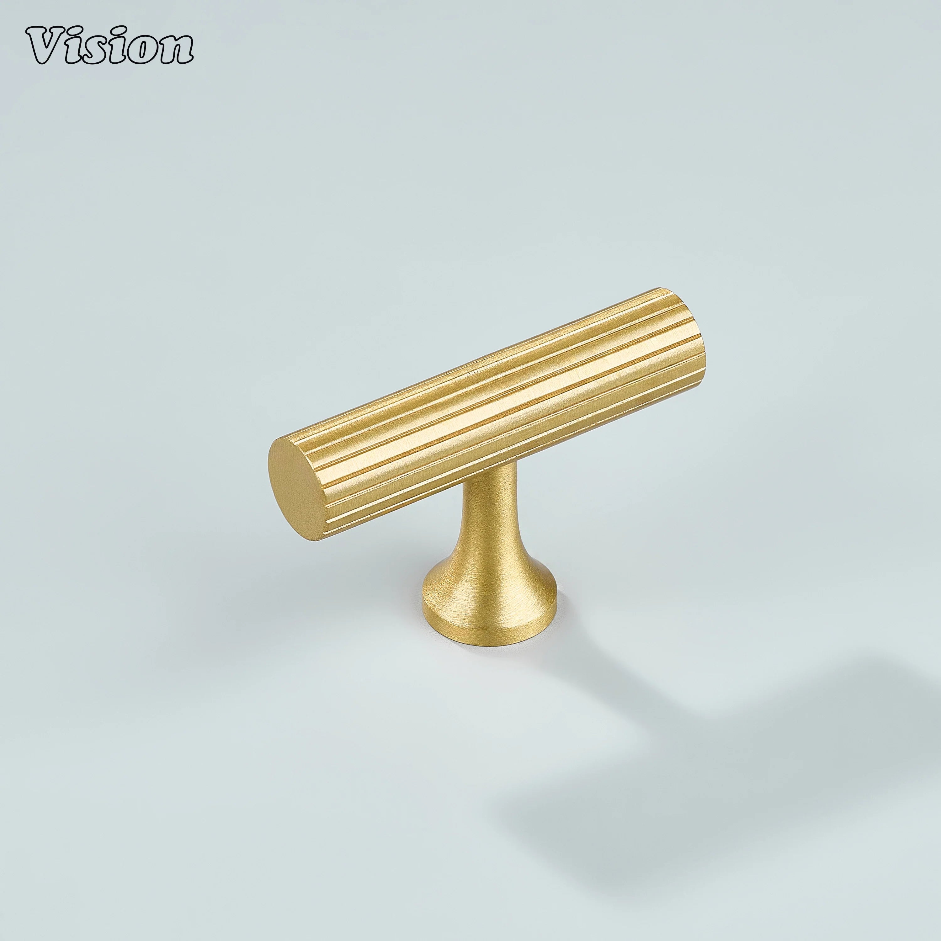 Gold linear knurled brass T-knob for cabinets and drawers.