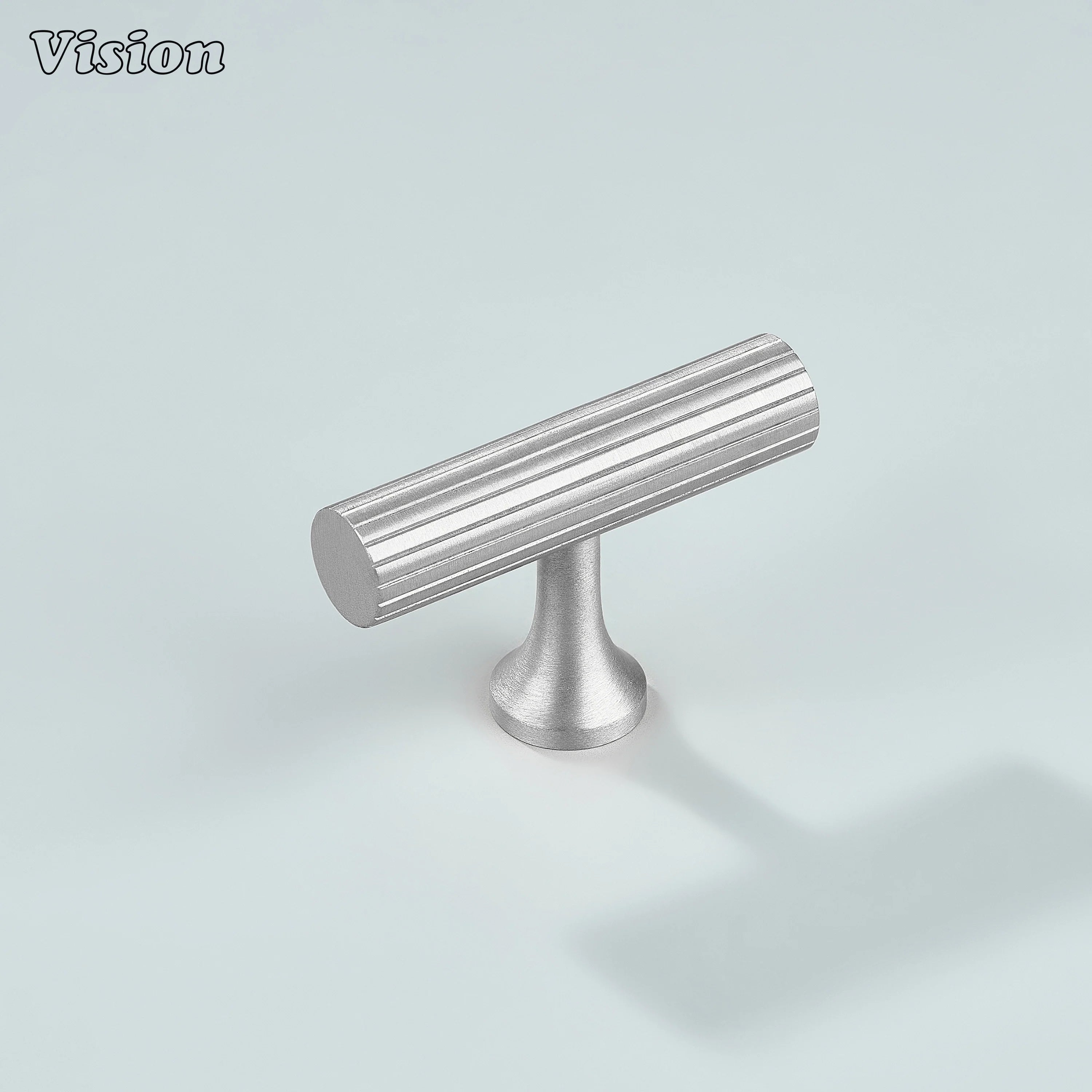 Silver linear knurled brass T-knob for cabinets and drawers.