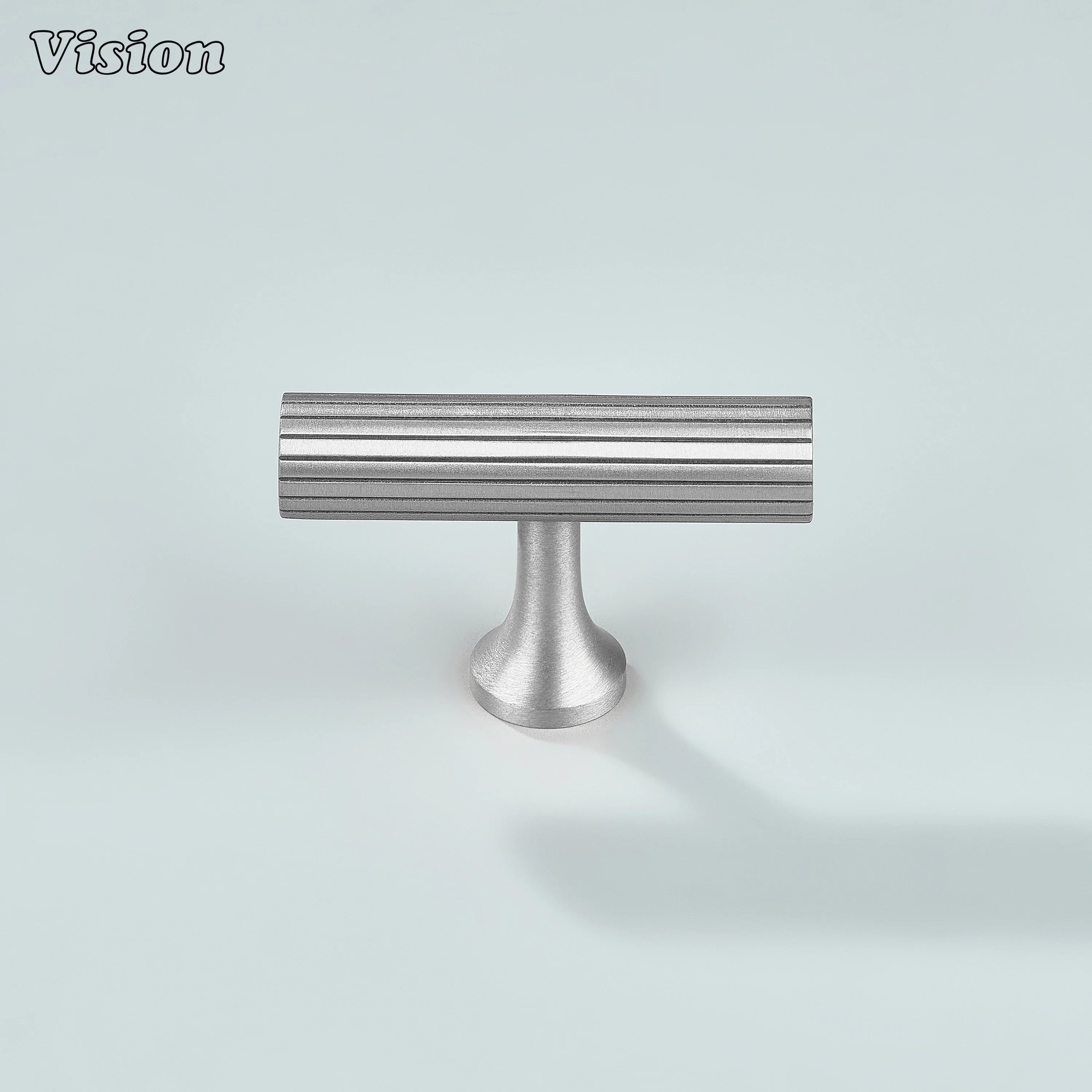 Modern silver knurled brass T-knob with textured grip.