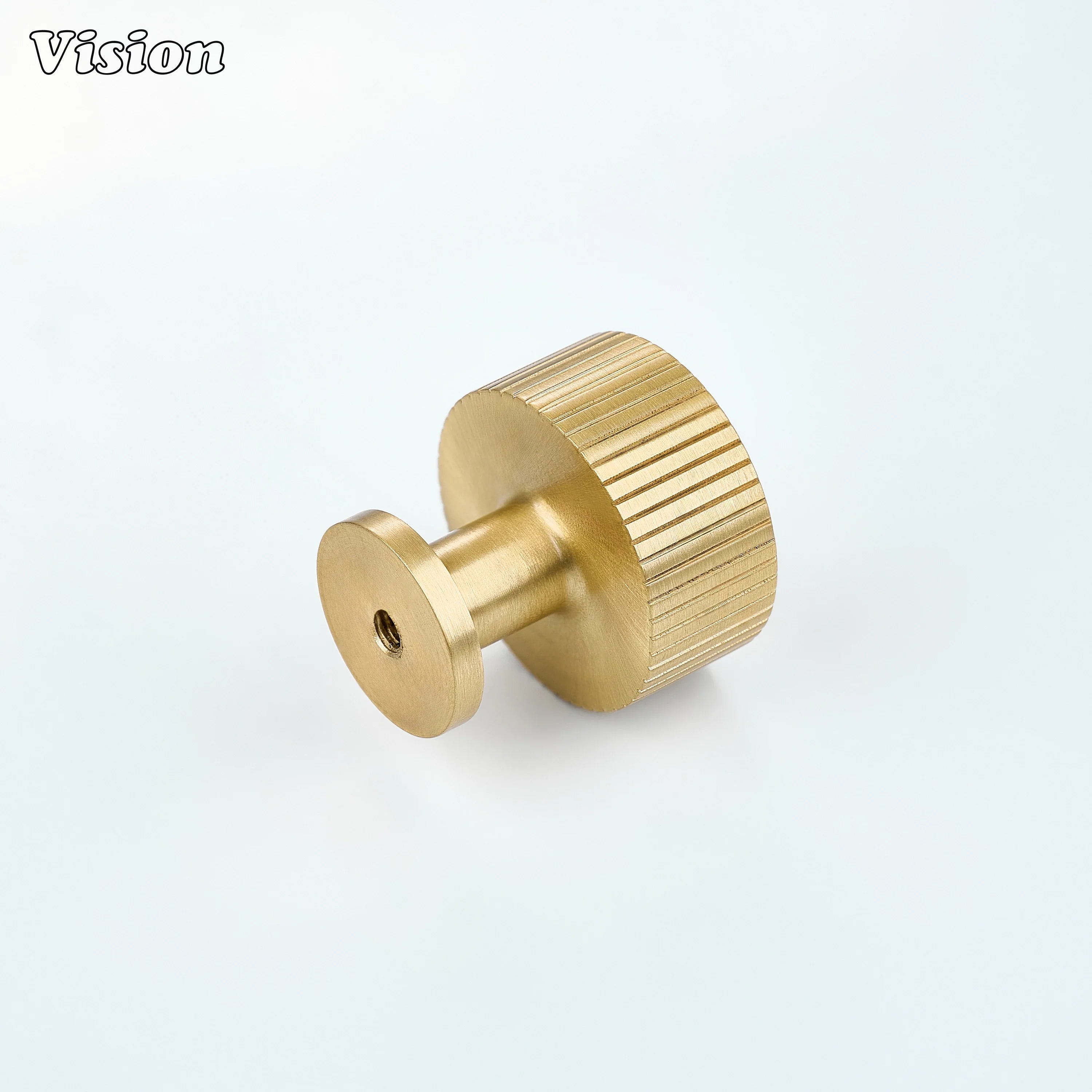 Gold brass cabinet knob with knurled round grip and solid base for drawer and cabinet applications