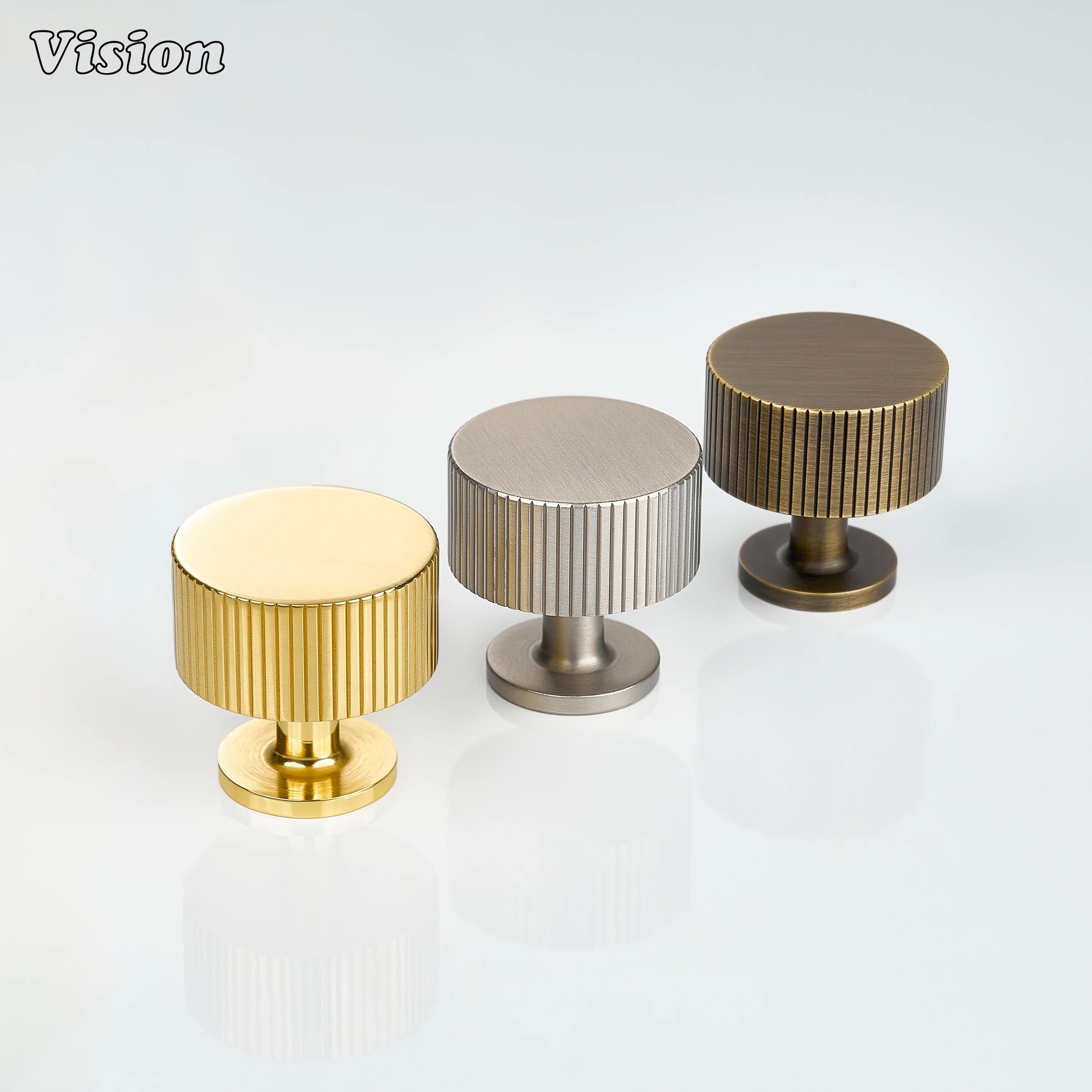 Polished Brass Lacquered round cabinet knob featuring knurled detailing for wardrobes and furniture