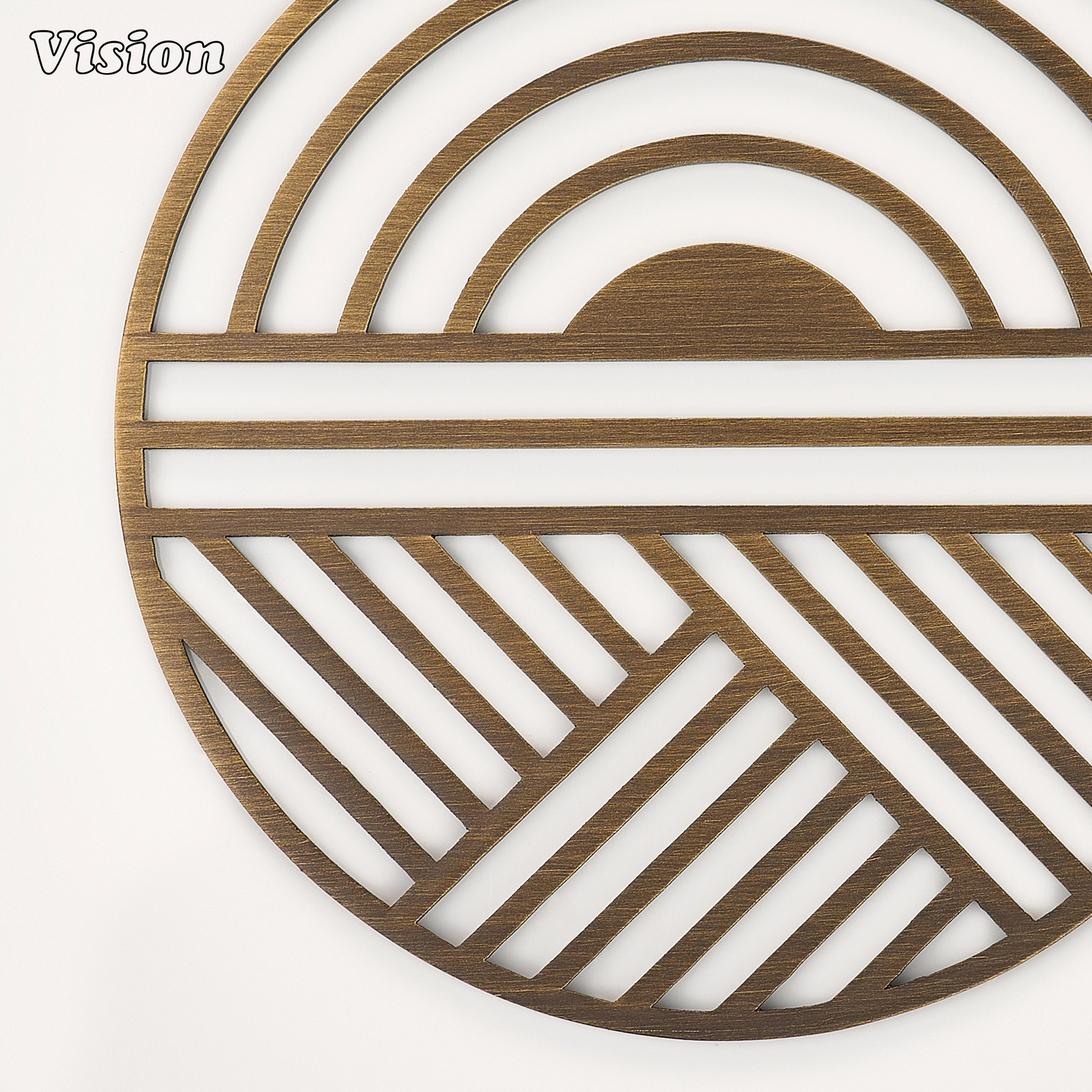 Sleek antique bronze solid brass drink coaster with radiant geometric cutouts on a contemporary office desk