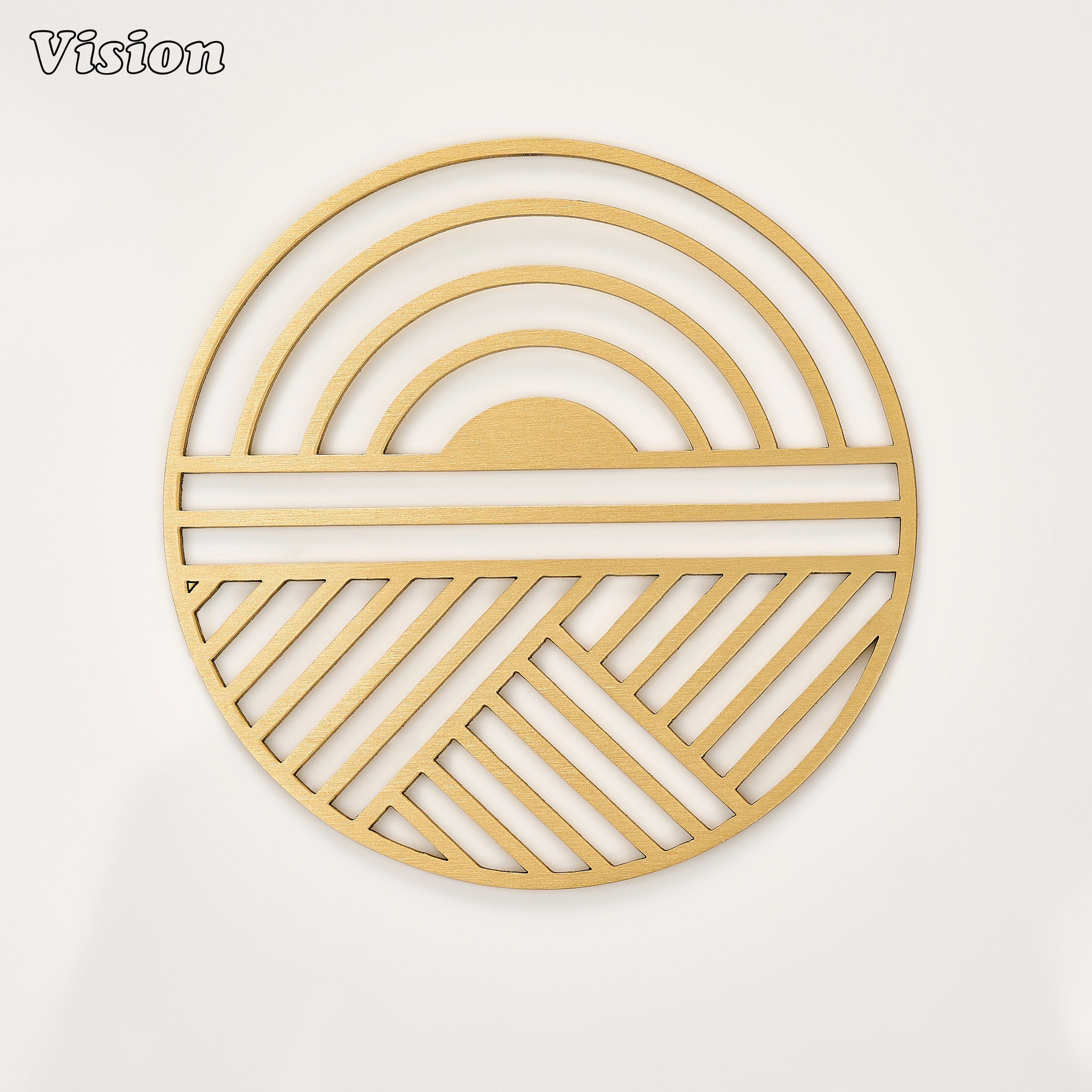 Gold solid brass round coaster featuring a precision-cut geometric sunrise motif on a luxury dining table