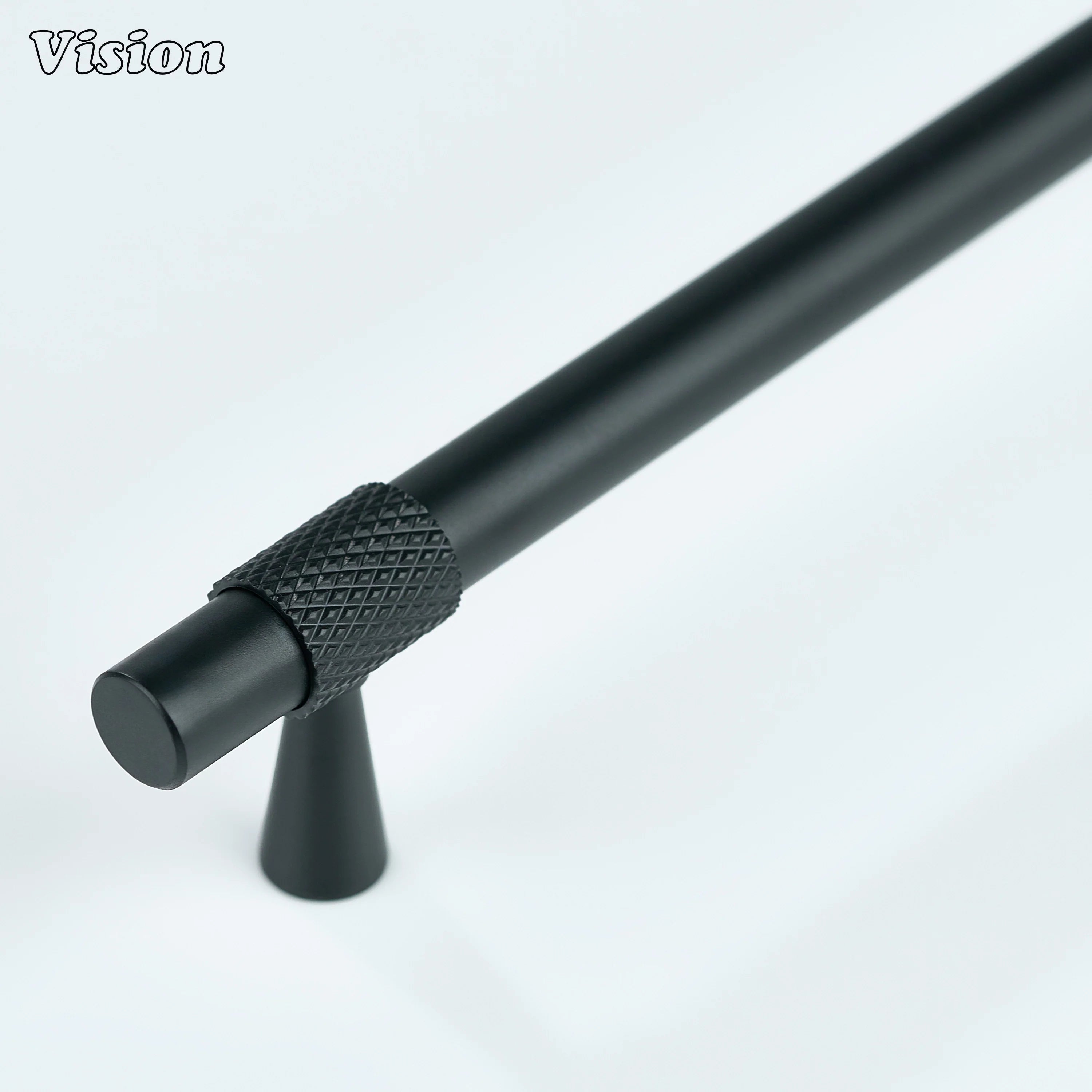 Black cabinet handle with plain profile and knurled ring detailing for modern cabinets.