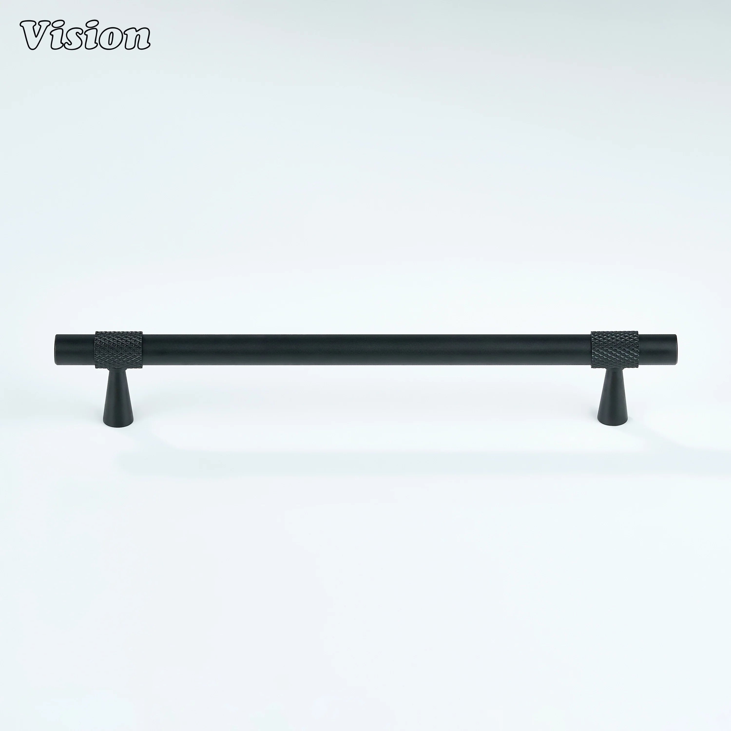 Black cabinet pull with subtle knurled accents for cupboards and kitchen cabinets.