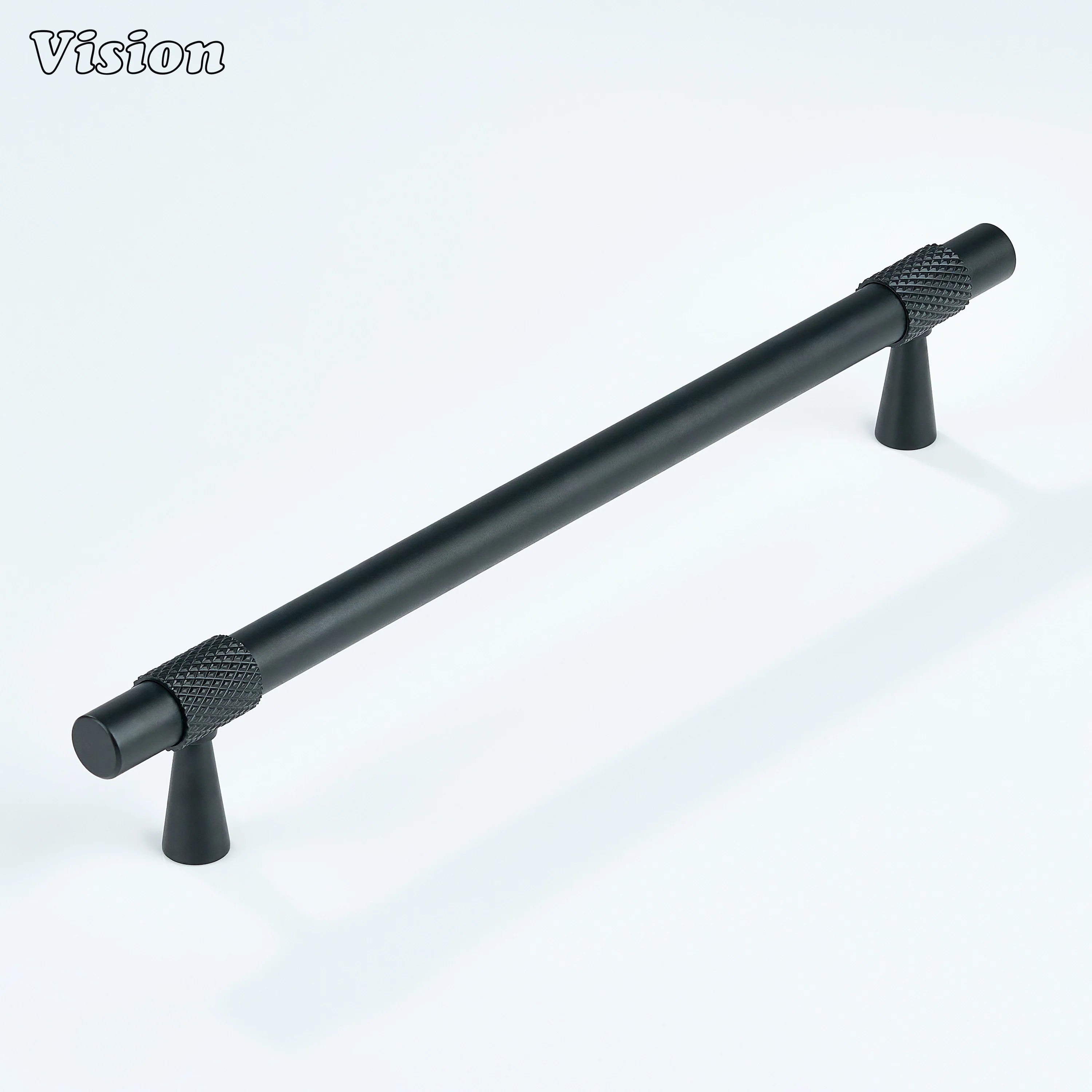 Black finish cabinet pull with smooth body and ring detail for cabinetry.