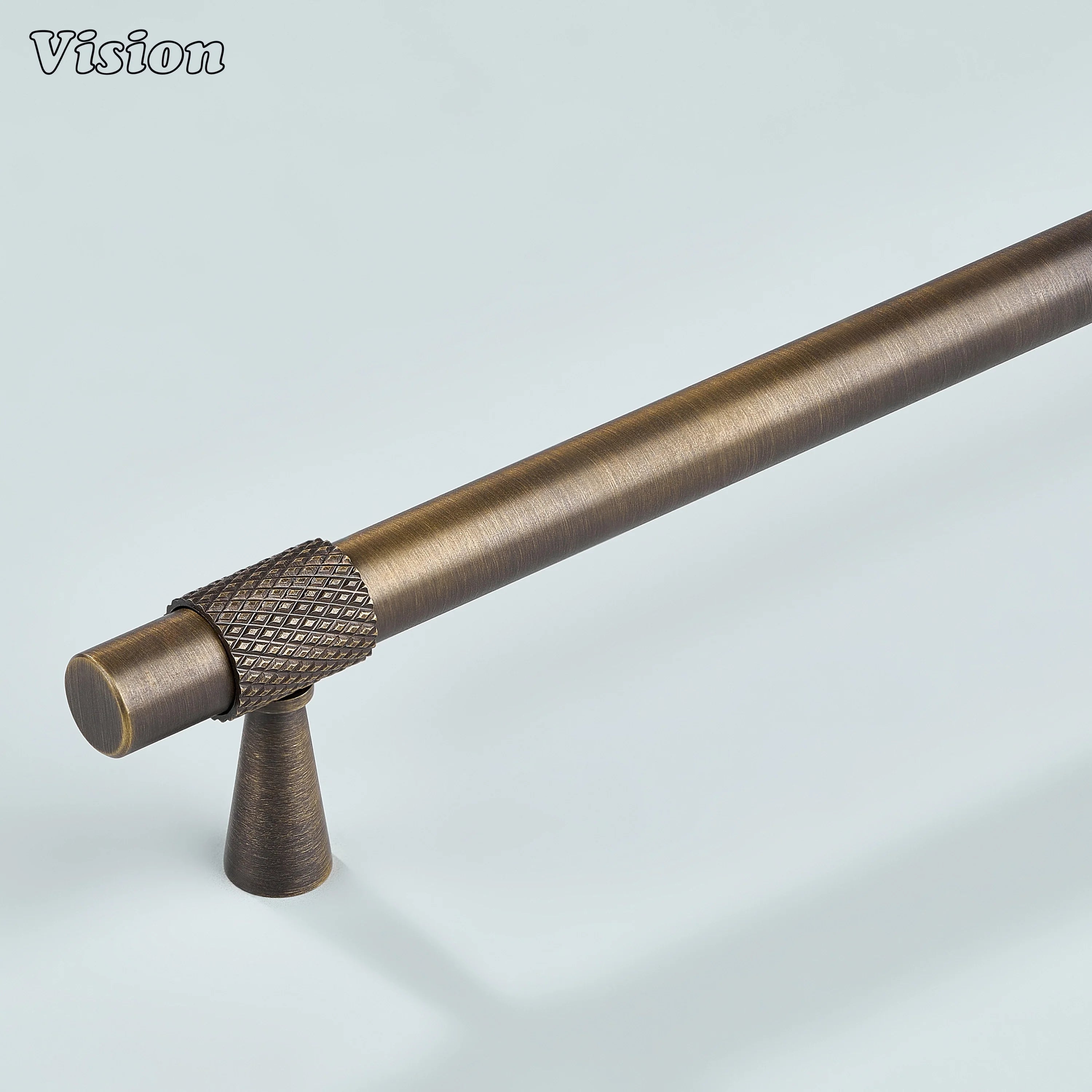 Modern antique bronze plain profile knurled ringed cabinet pull with cone legs used for kitchen cabinets.