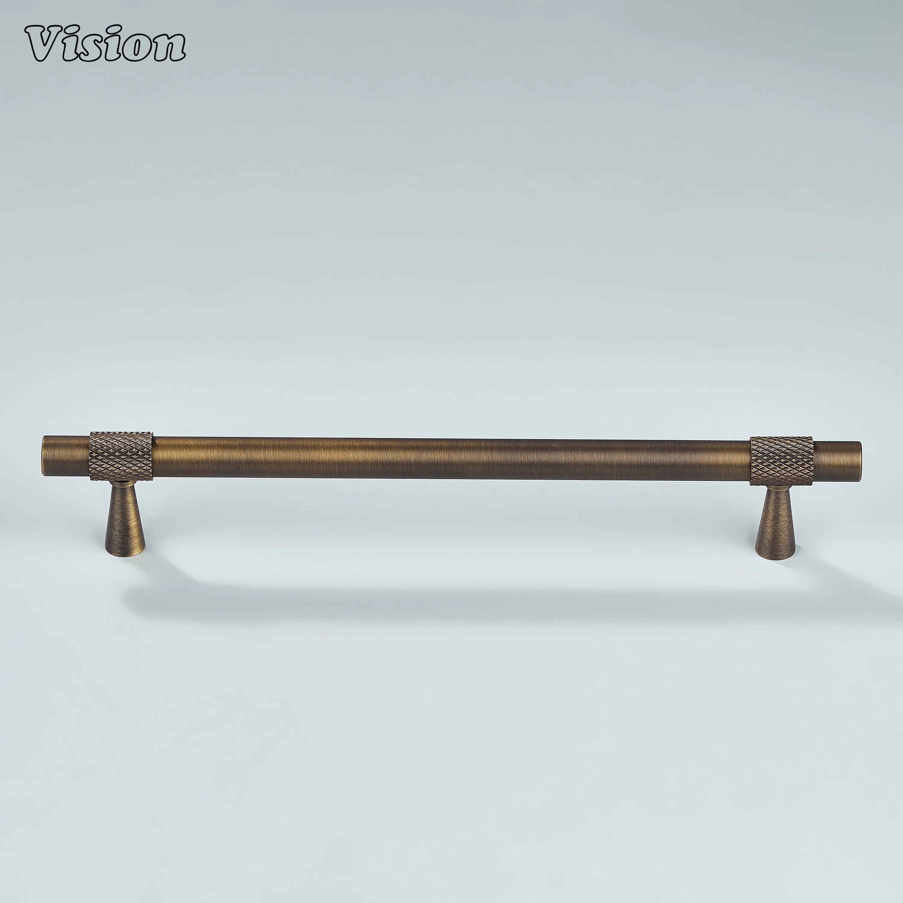 Modern antique bronze plain profile knurled ringed cabinet pull with cone legs used for cupboards.