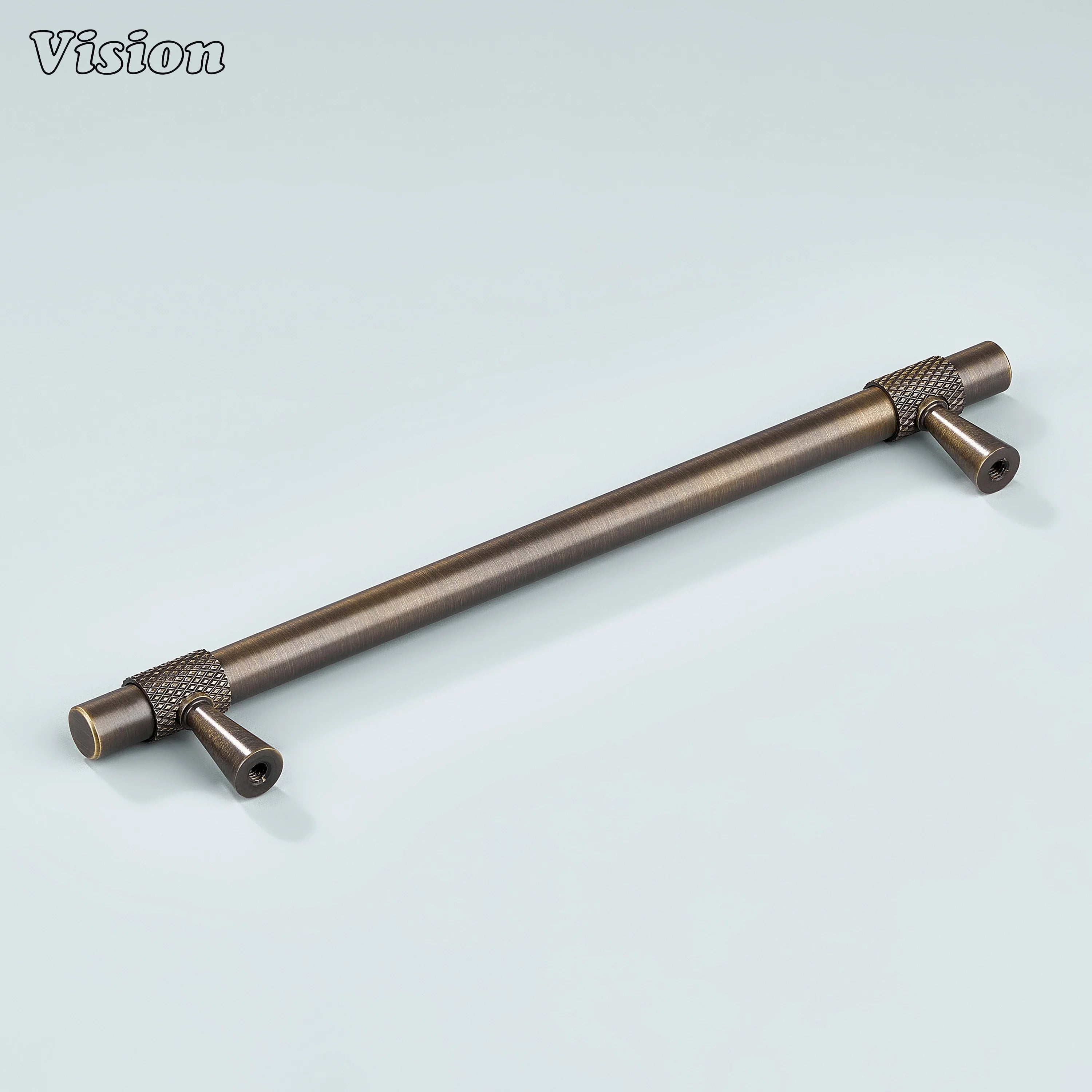 Modern antique bronze plain profile knurled ringed cabinet pull with cone legs used for closet doors.