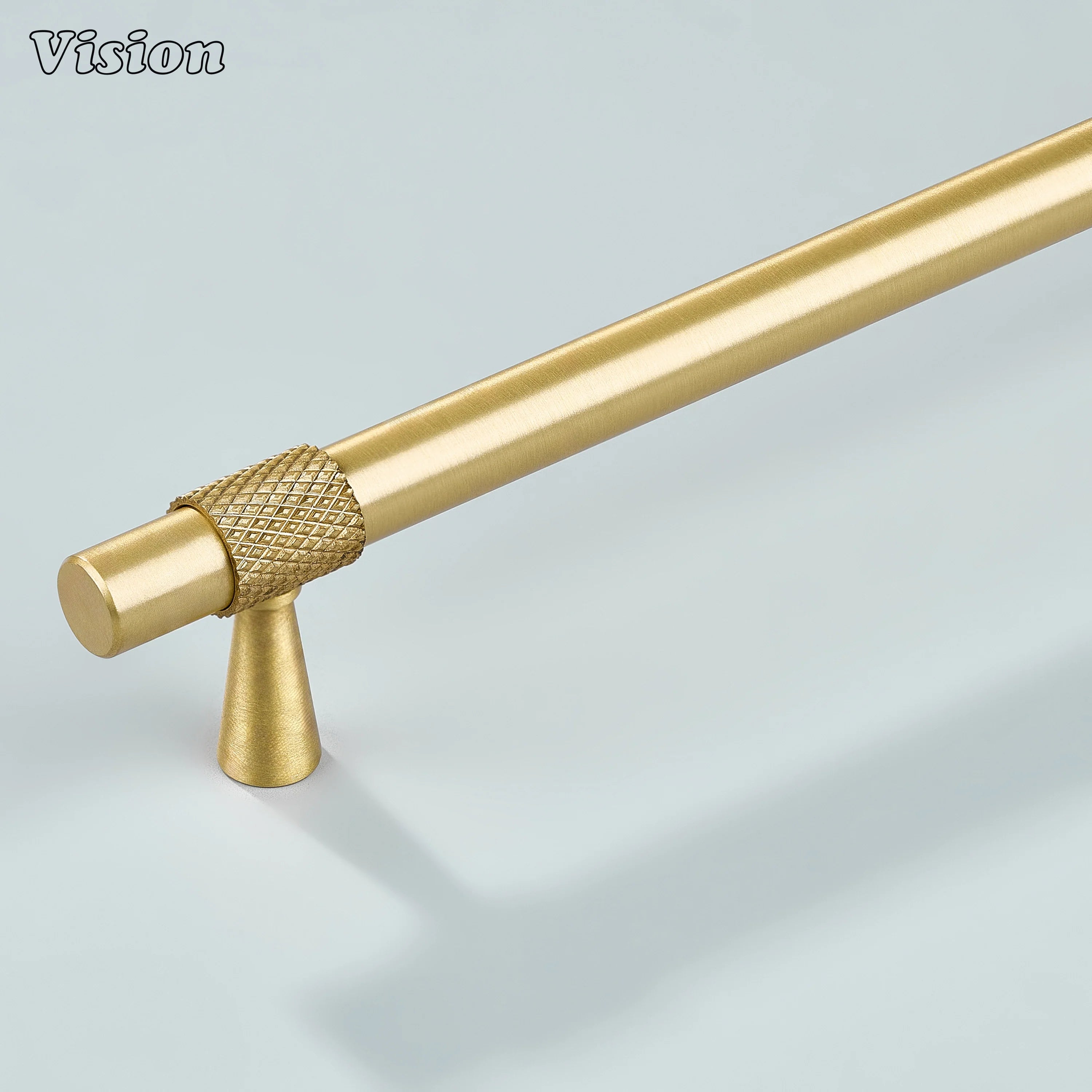 Modern gold plain profile knurled ringed cabinet pull with cone legs used for kitchen cabinets.