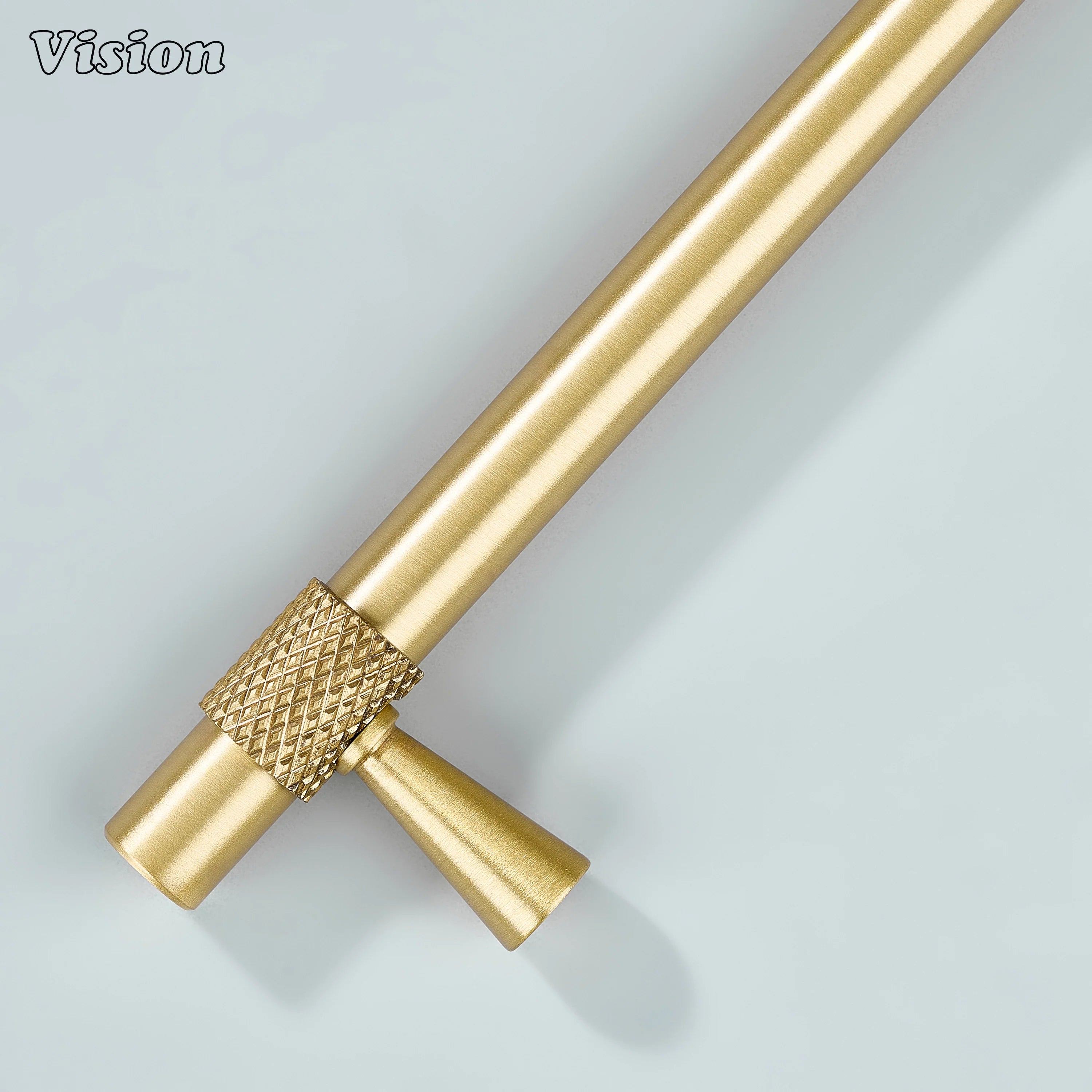 Modern gold plain profile knurled ringed cabinet pull with cone legs used for furniture drawers.
