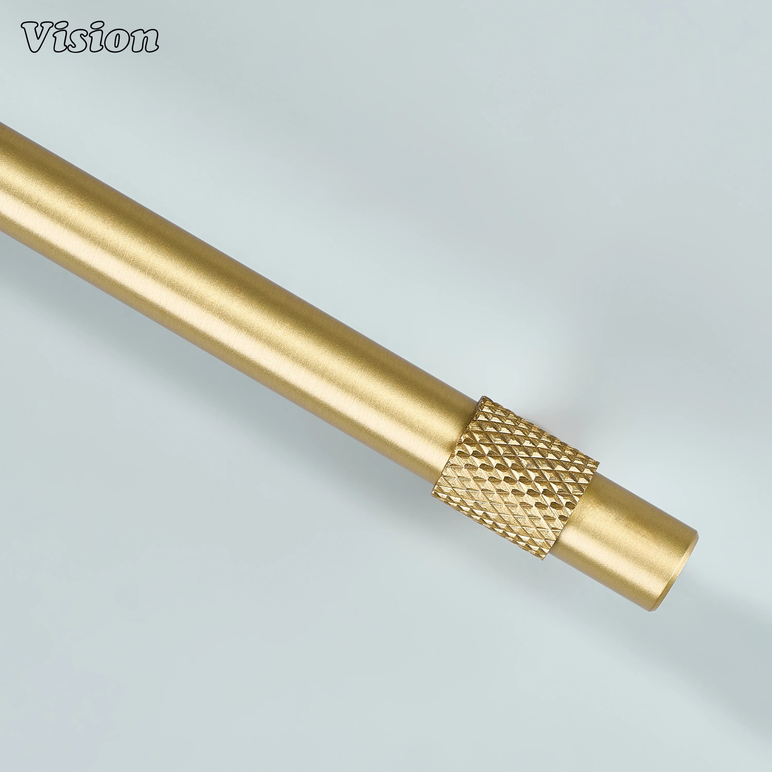 Modern gold plain profile knurled ringed cabinet pull with cone legs used for modular kitchen units.