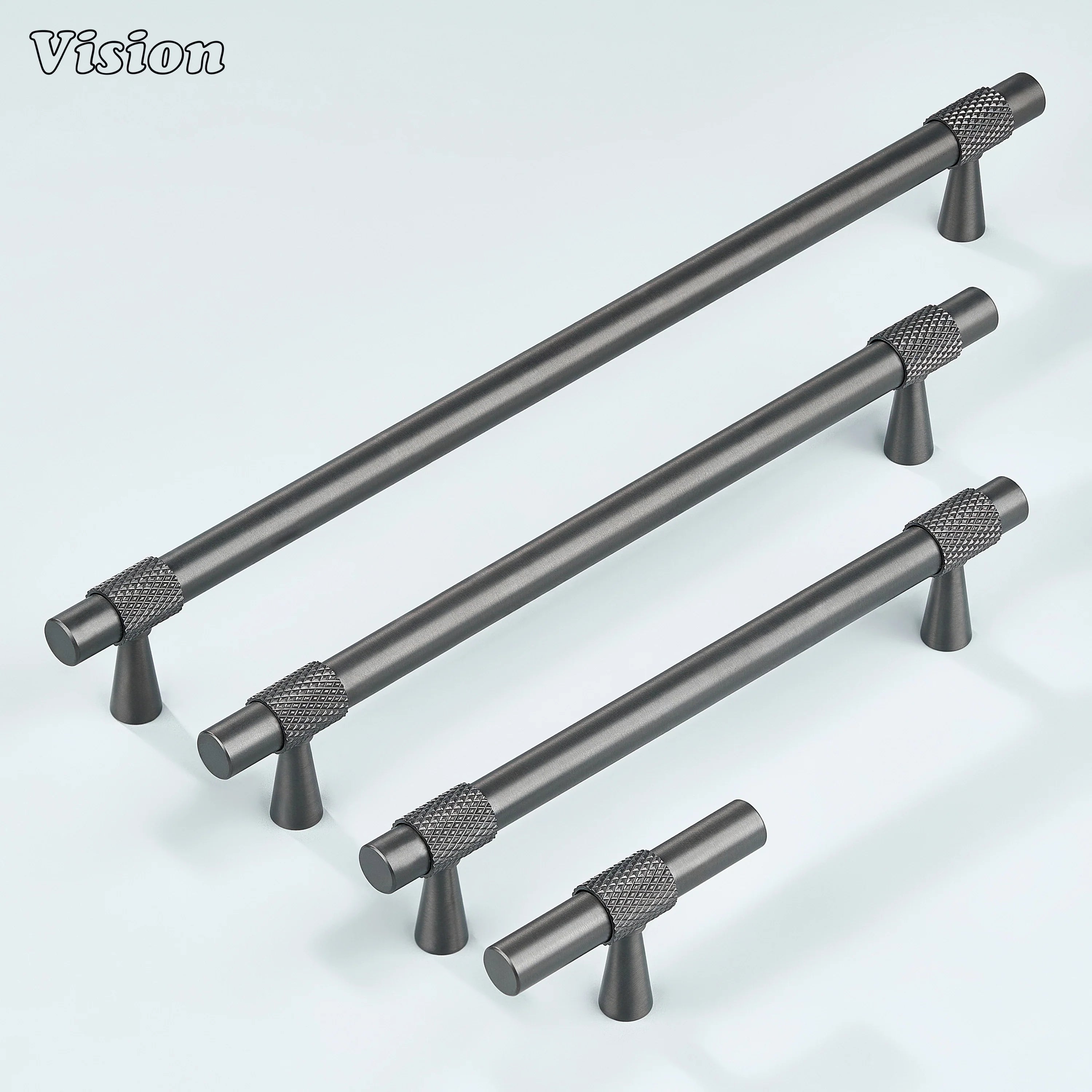 Modern gunmetal plain profile knurled ringed cabinet pull with cone legs used for wardrobe doors.