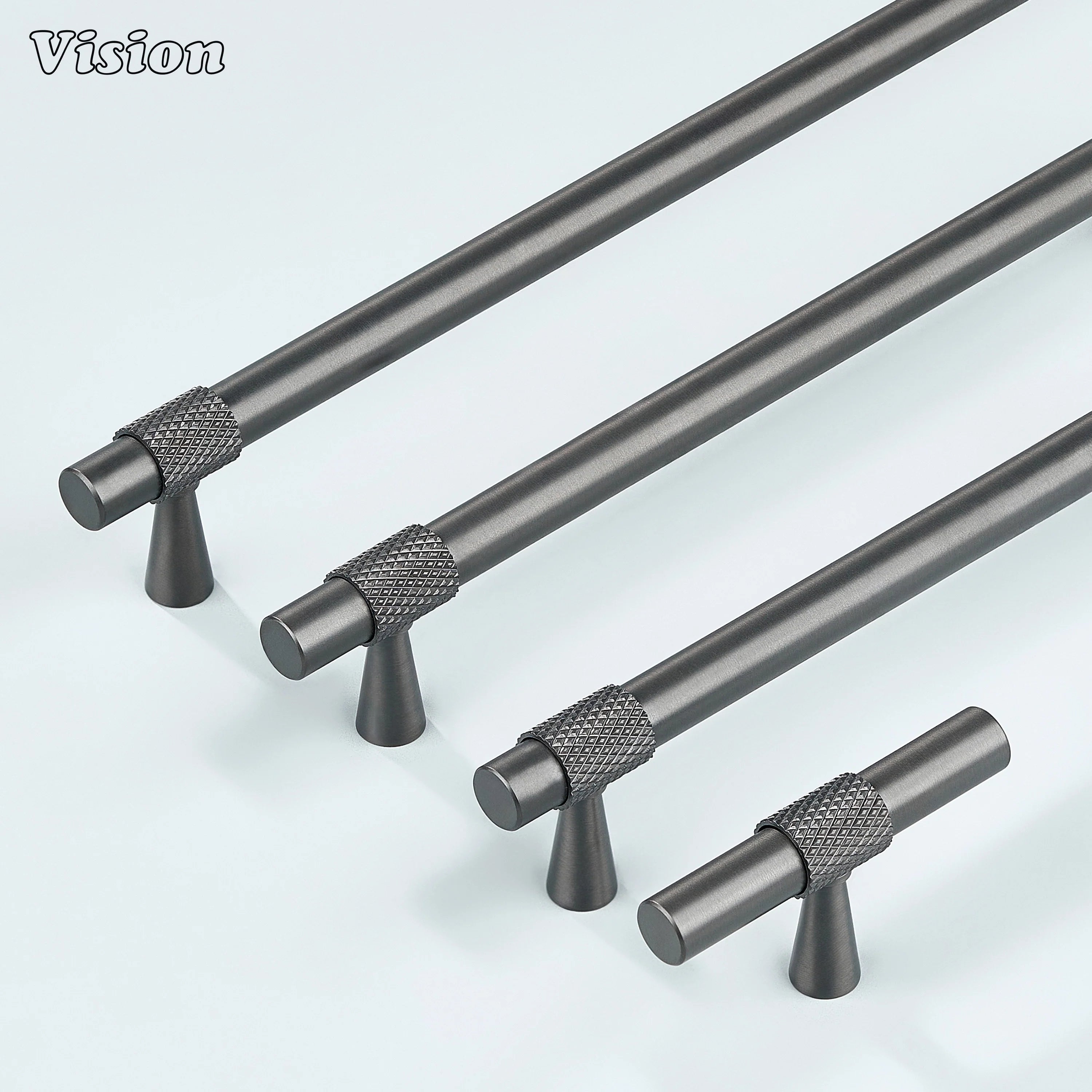 Modern gunmetal plain profile knurled ringed cabinet pull with cone legs used for dresser drawers.