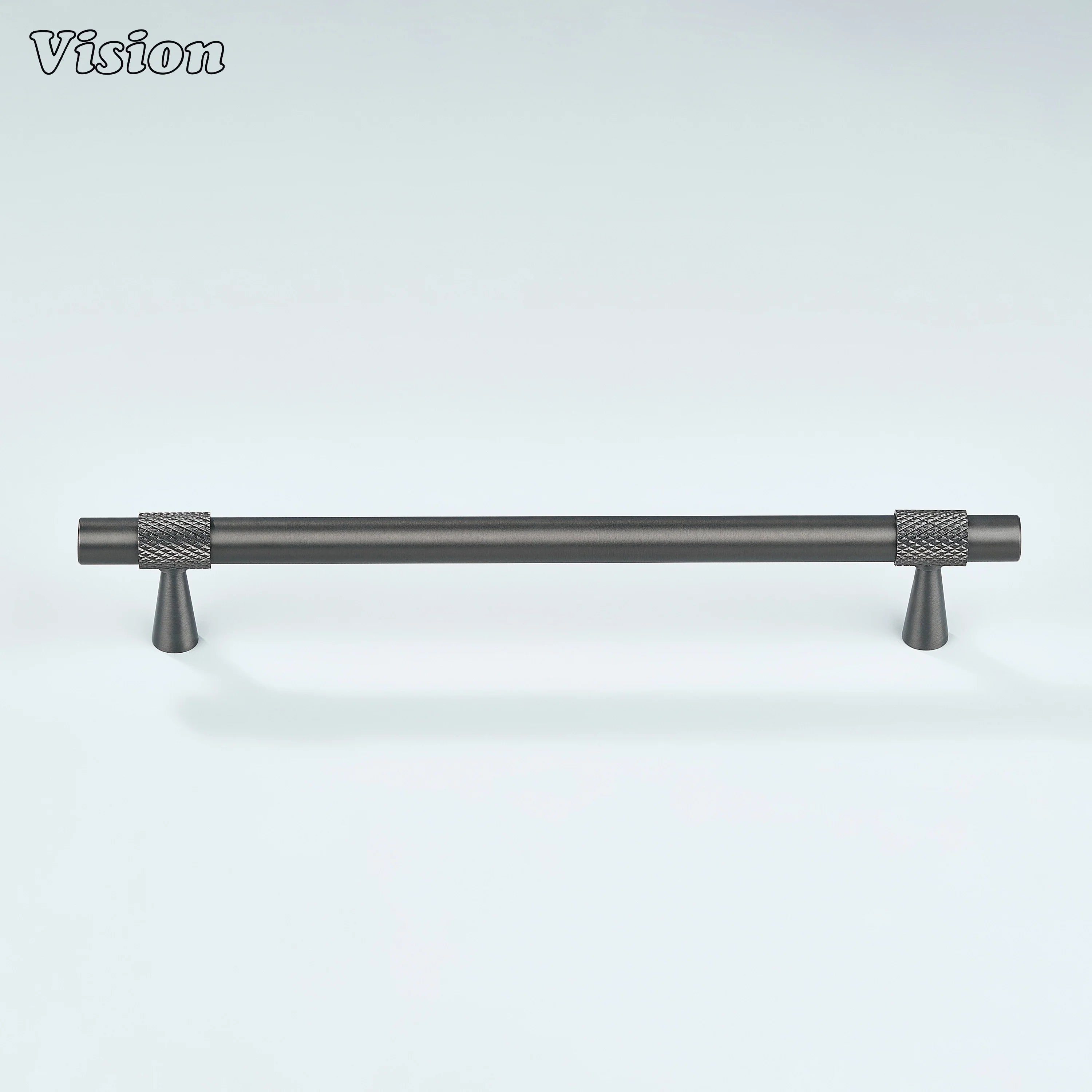 Modern gunmetal plain profile knurled ringed cabinet pull with cone legs used for cupboards.