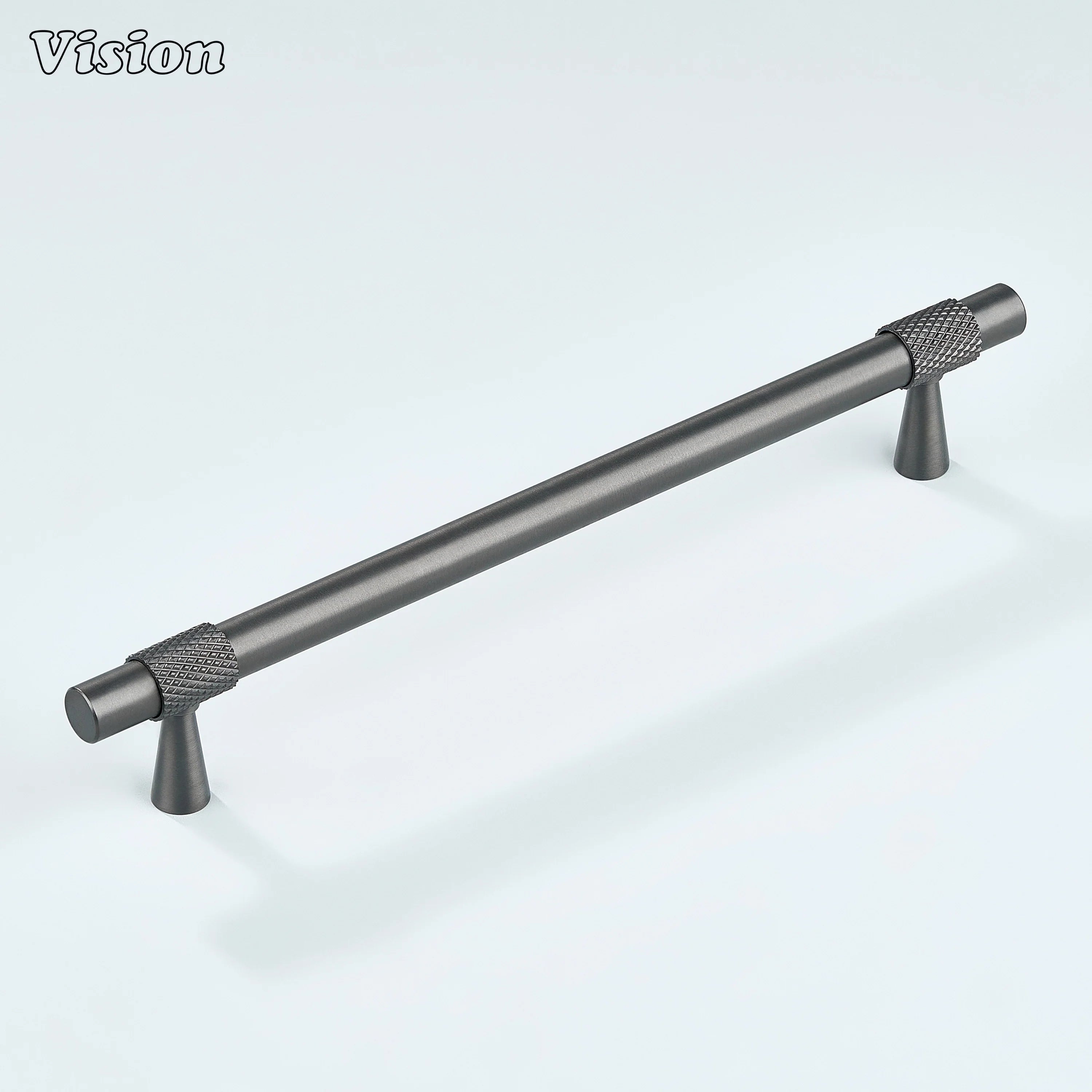 Modern gunmetal plain profile knurled ringed cabinet pull with cone legs used for closet doors.