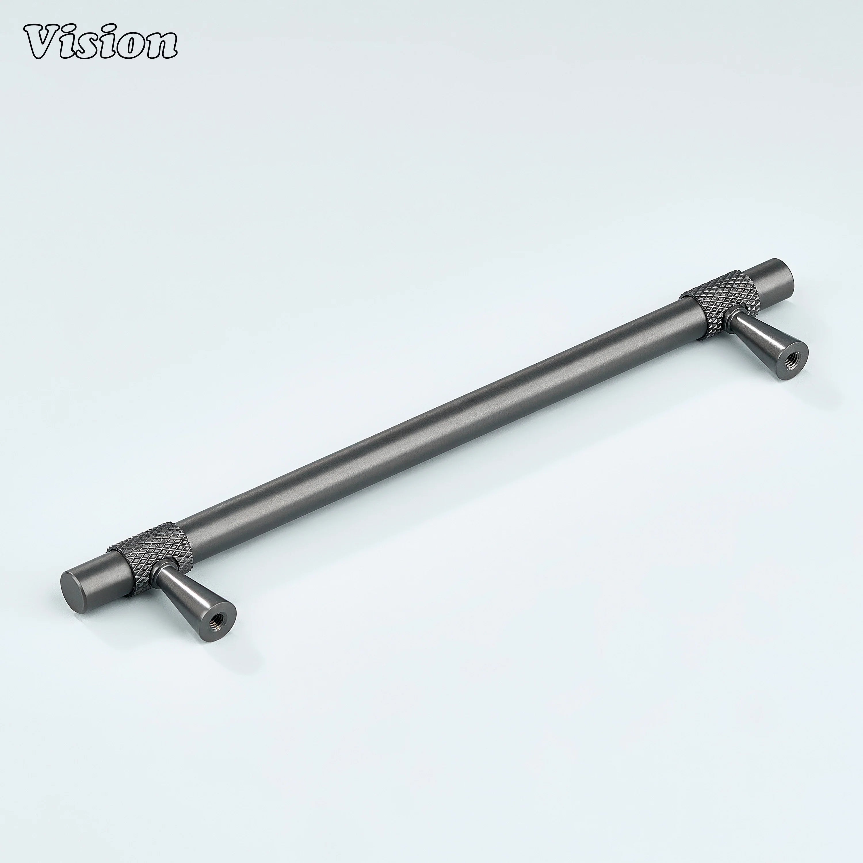 Modern gun metal plain profile knurled ringed cabinet pull with cone legs used for bathroom cabinets.