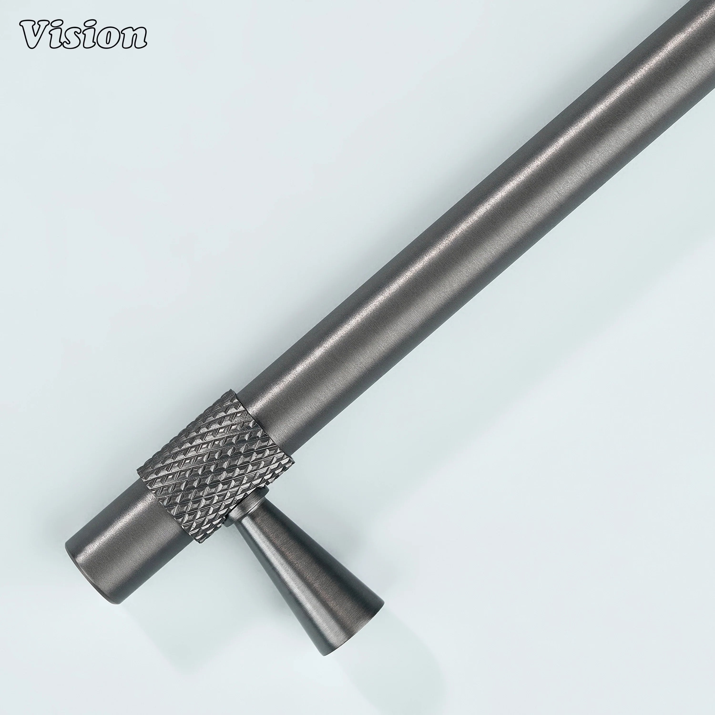 Modern gun metal plain profile knurled ringed cabinet pull with cone legs used for furniture drawers.