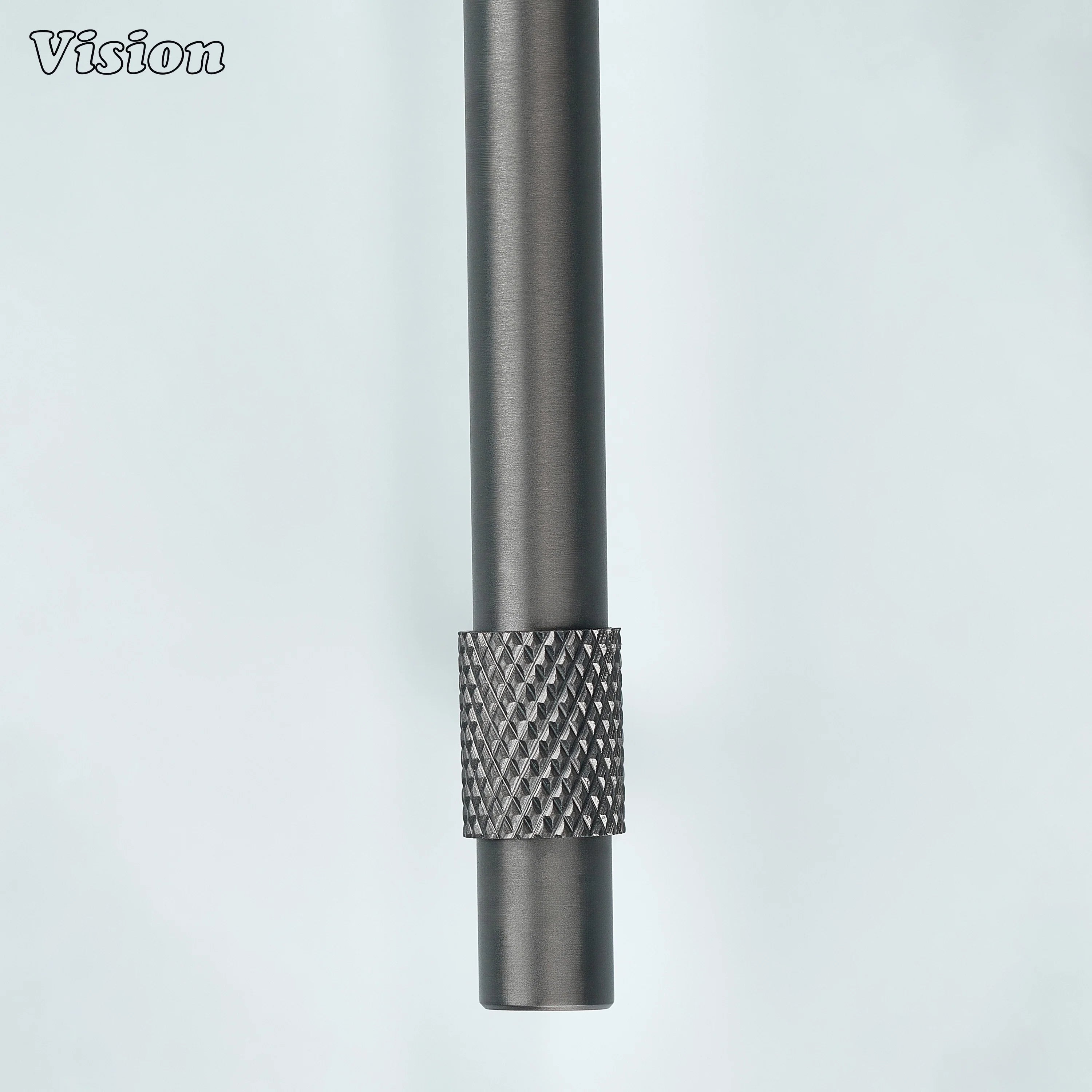 Modern gun metal plain profile knurled ringed cabinet pull with cone legs used for modular kitchen units.