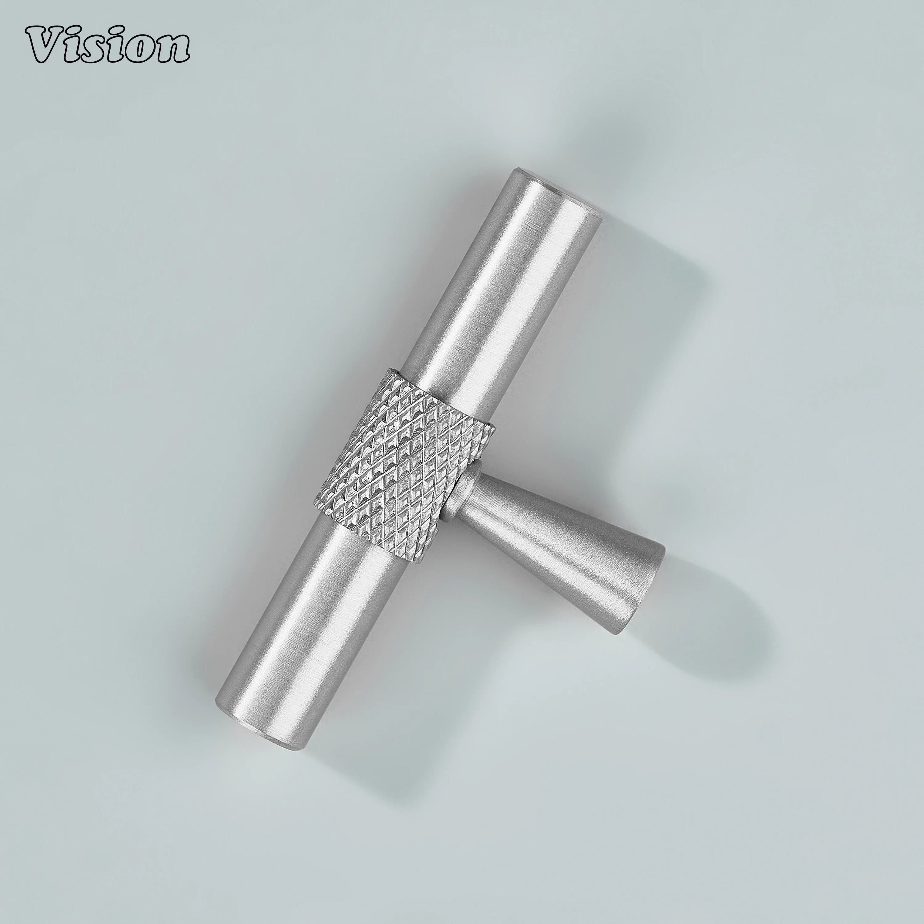 Modern silver brass T-shaped knob ideal for cabinets and furniture.