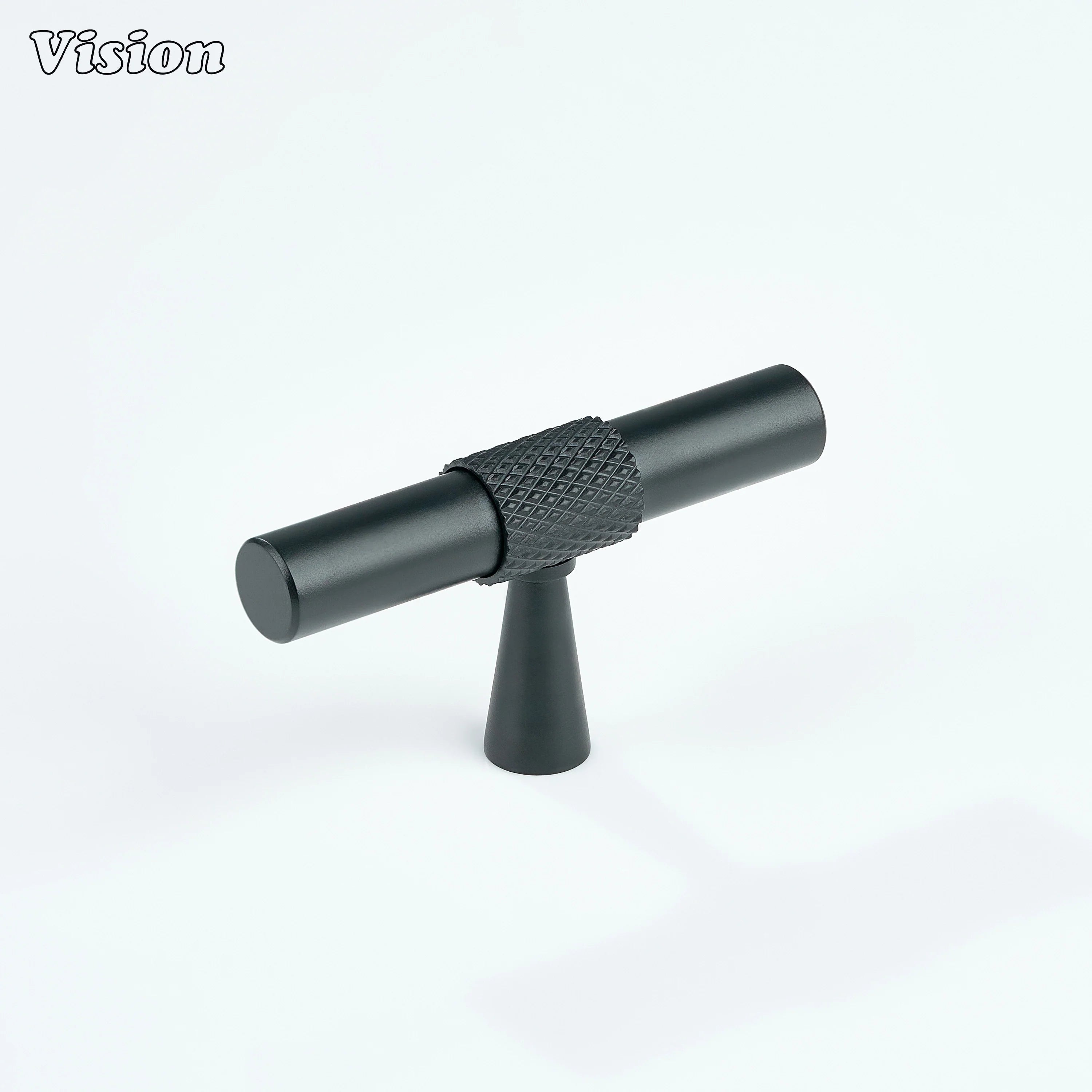 Black cabinet T-knob with knurled grip and cylindrical bar for kitchen cabinets