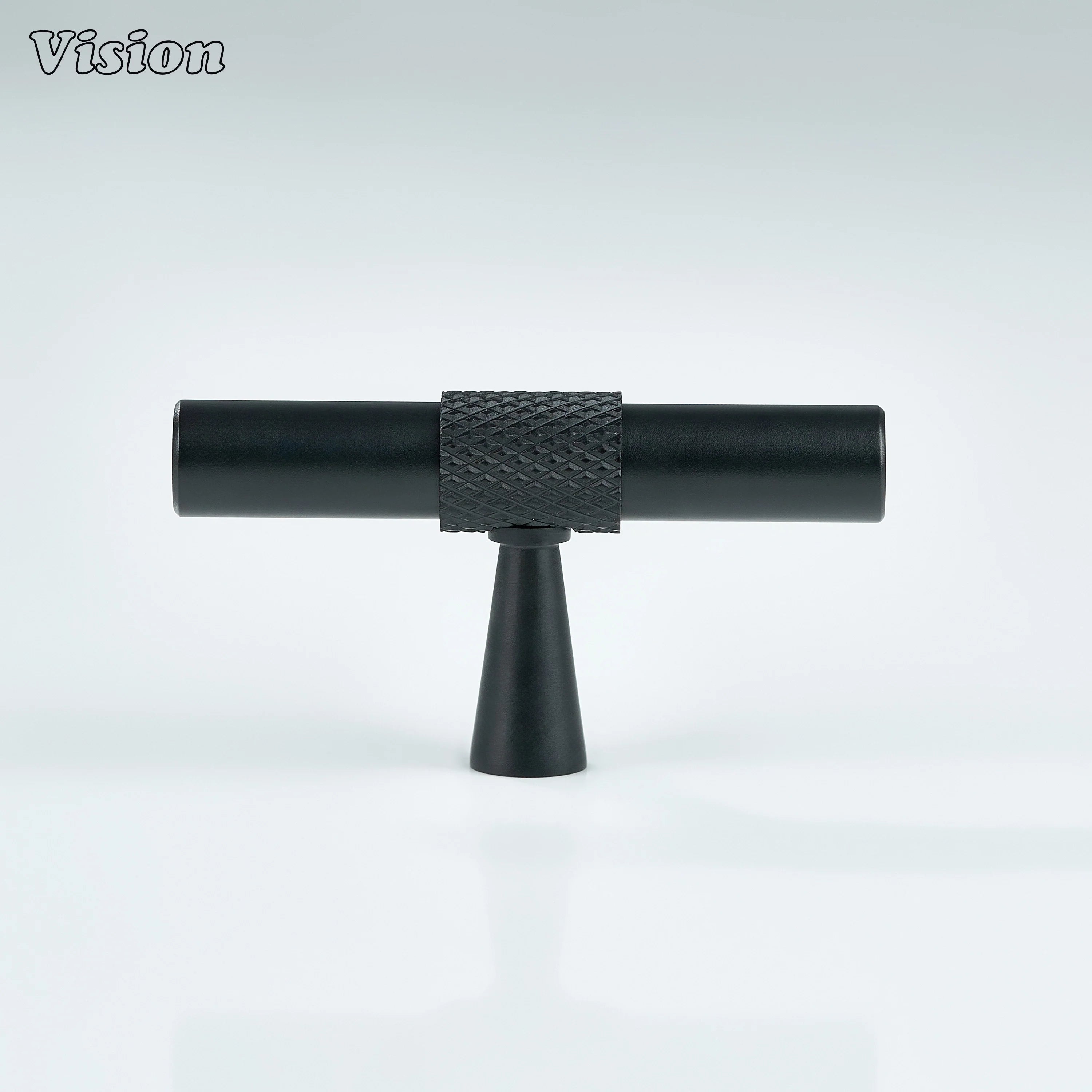 Knurled Black T-knob with textured center and cone leg for drawers