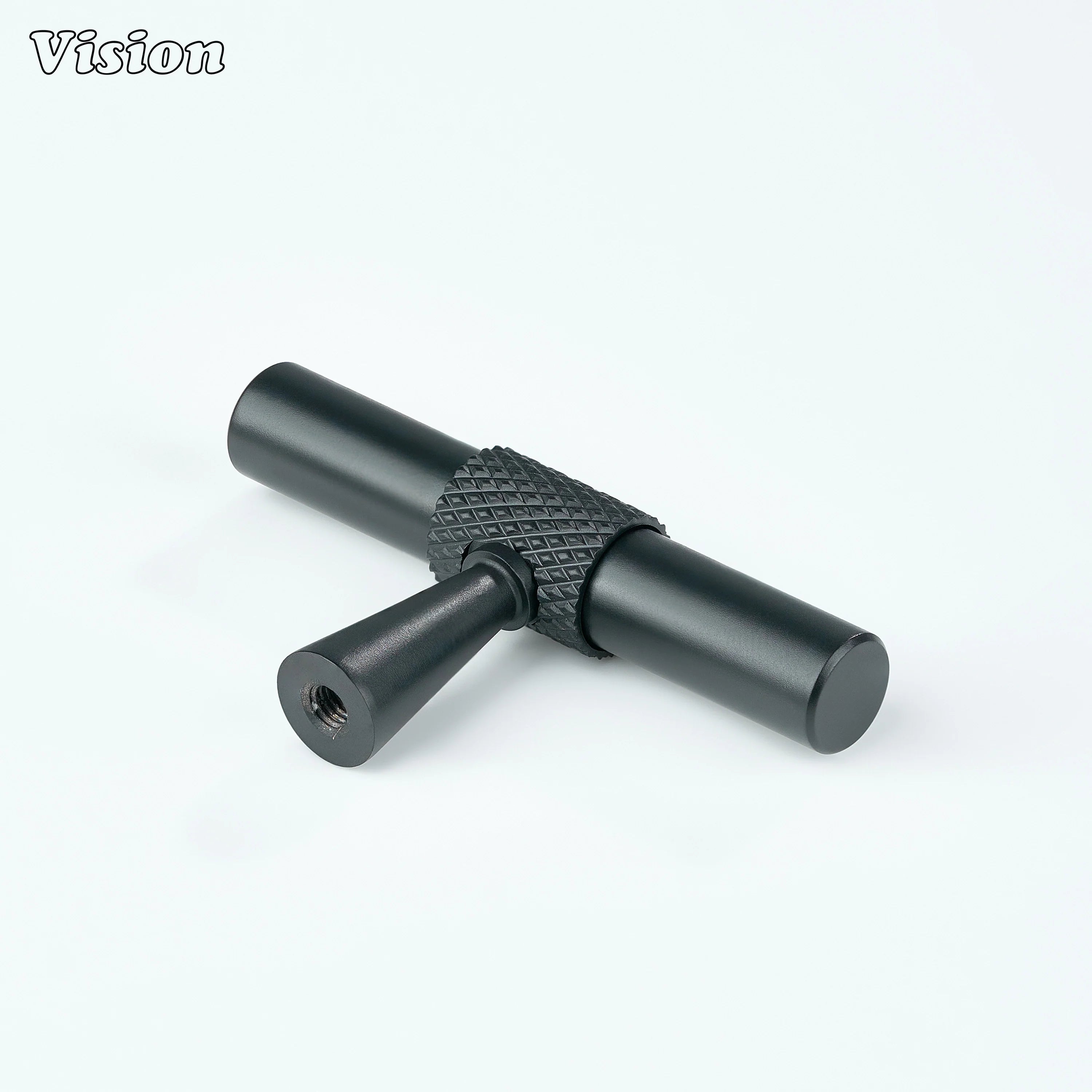 Black cabinet knob with central knurling and smooth bar for wardrobes