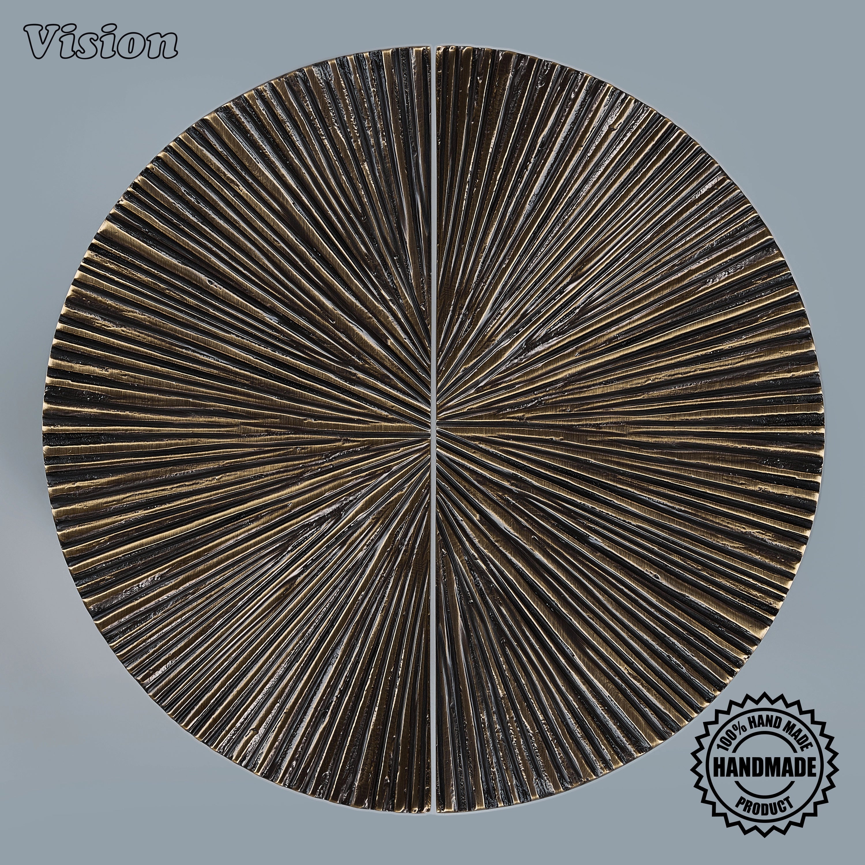 Textured antique bronze sculpted semi round door pull with sunburst pattern on custom closet doors