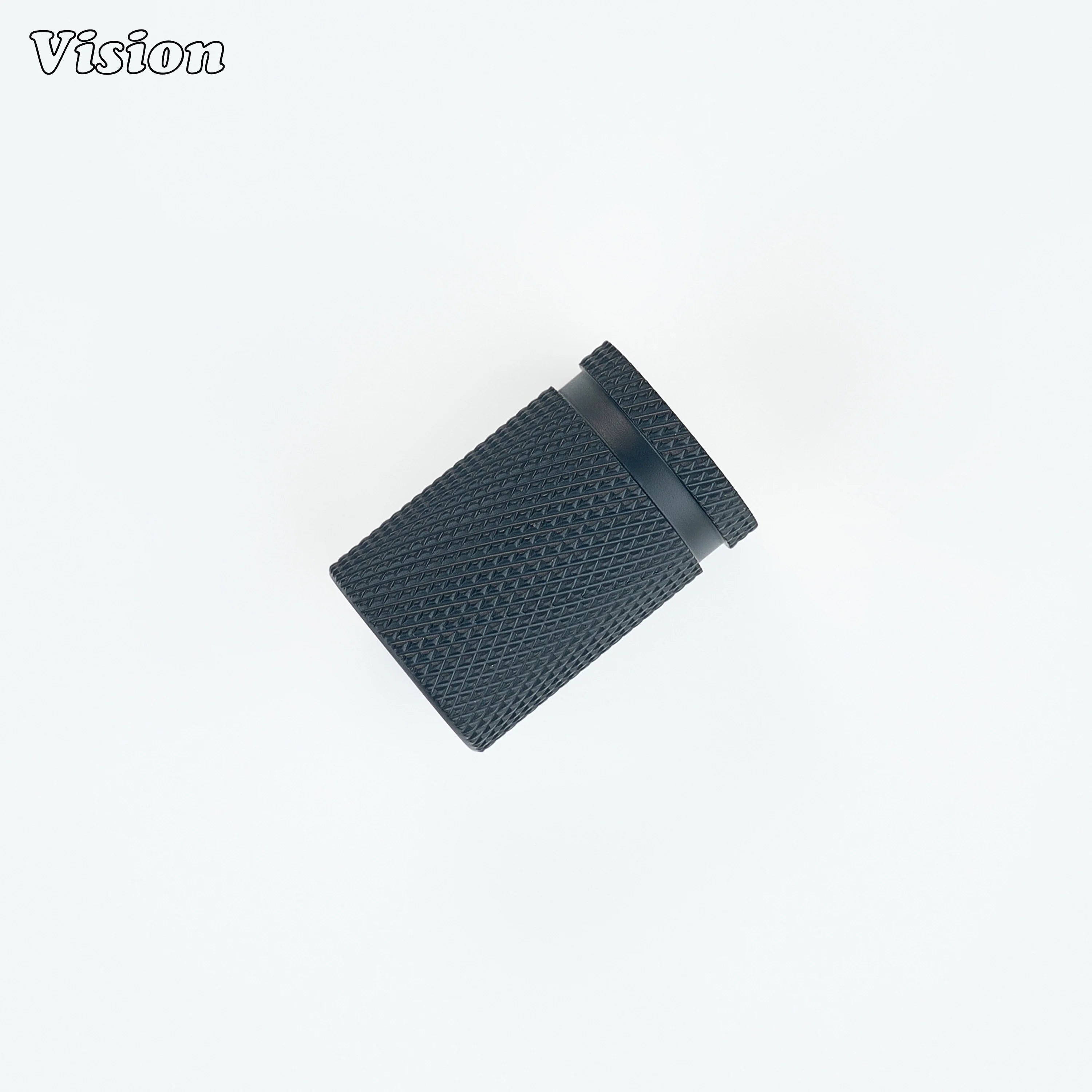 Black round cabinet knob with precision knurled grip and cylindrical profile for drawers