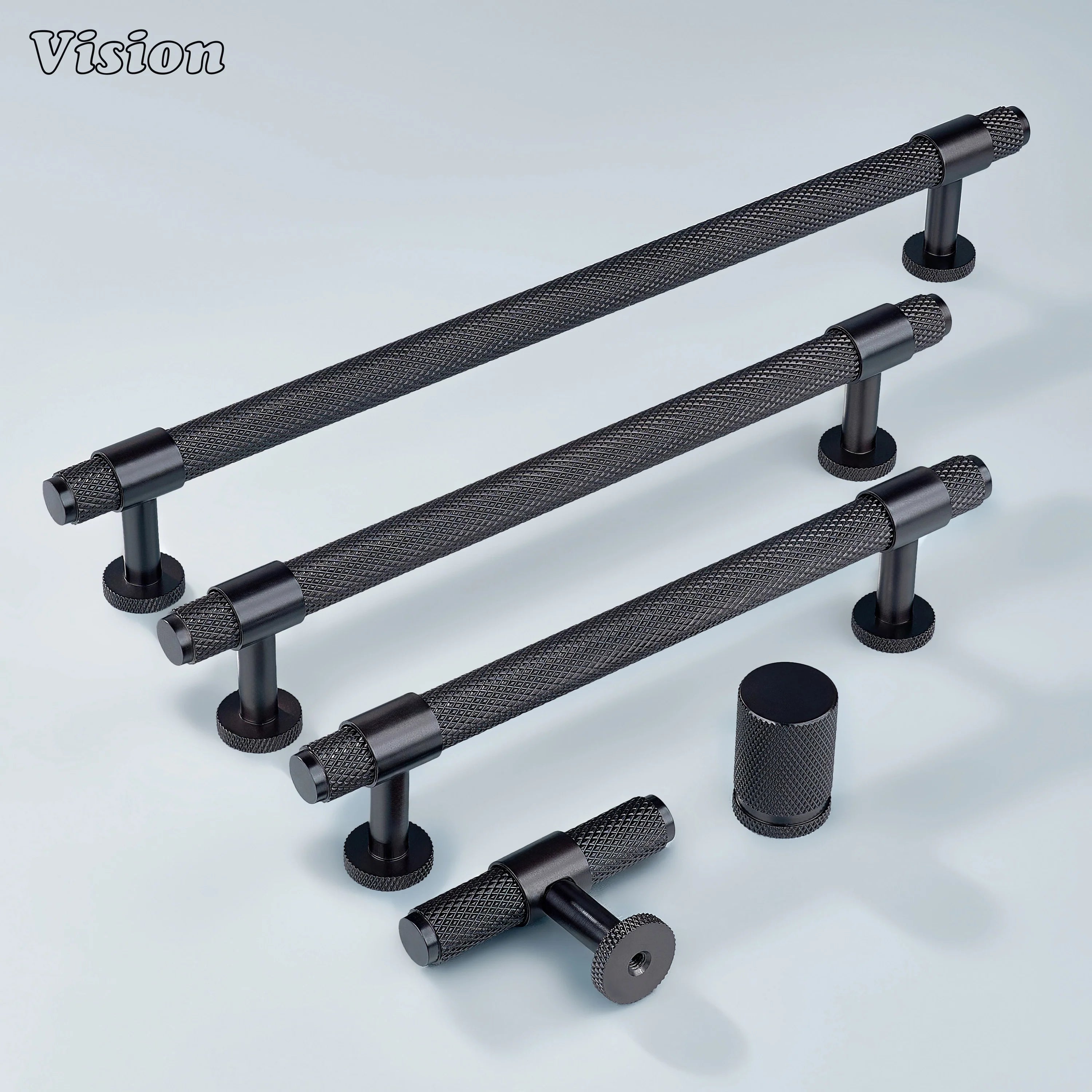 Modern oil rubbed bronze Azure knurled ringed handle used for wardrobe doors.