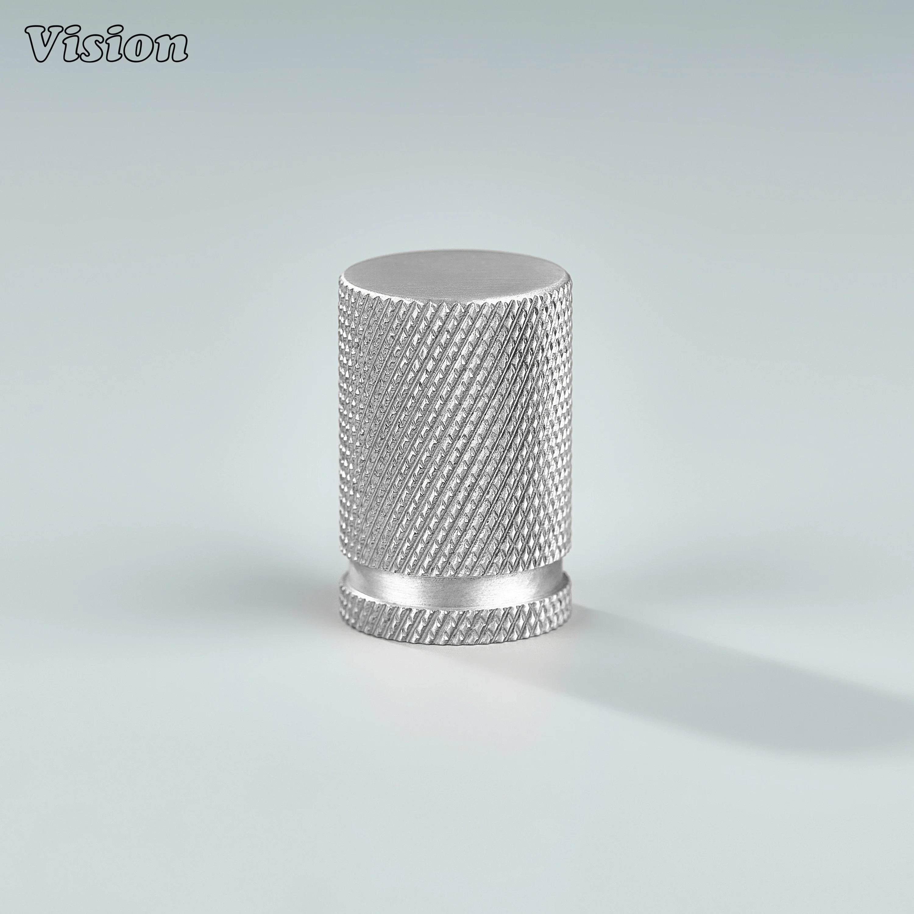 Silver cylinder-shaped cabinet knob with textured grip