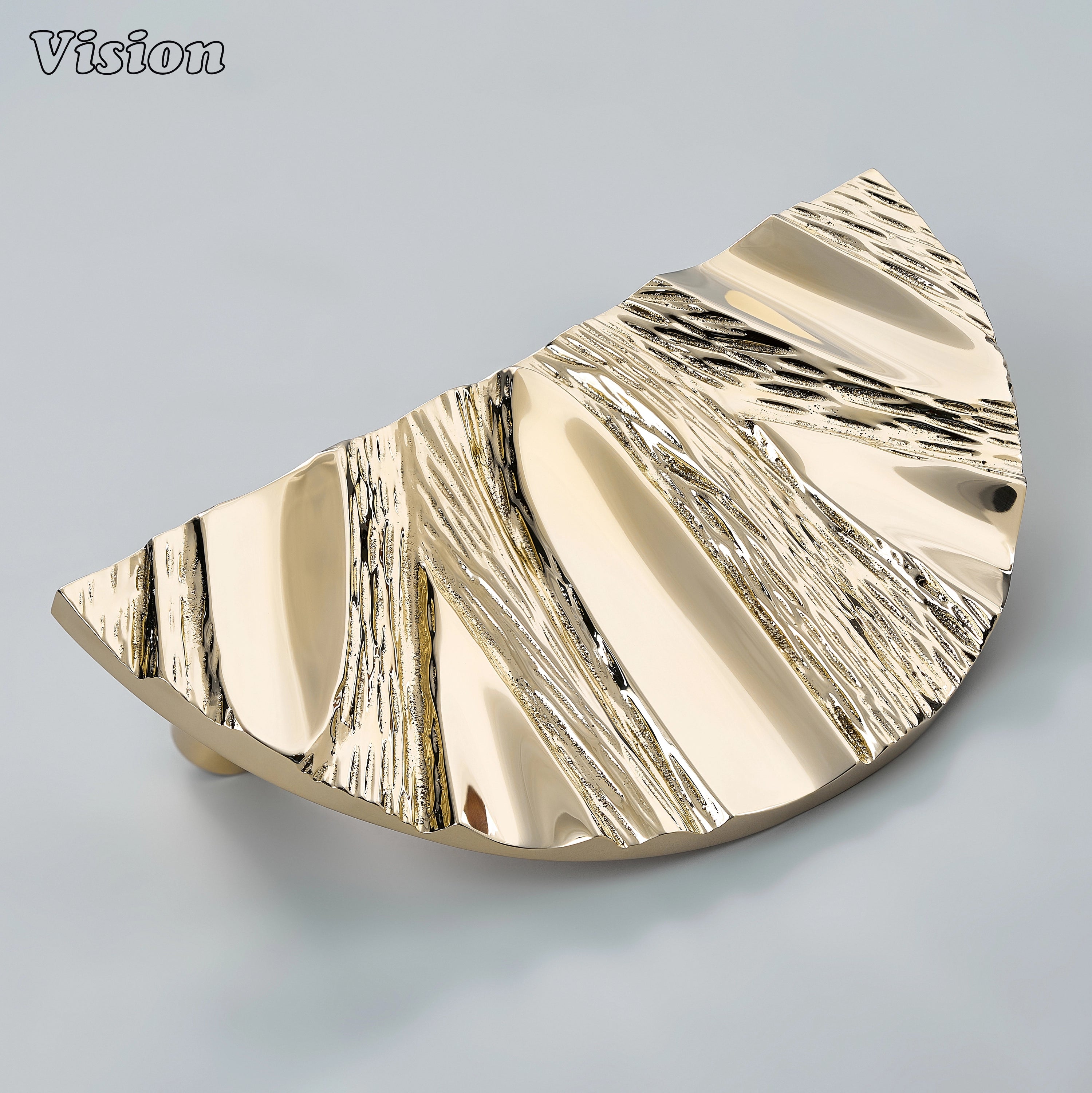 Polished Brass handcrafted semi circle solid brass door handle with bark-inspired texture.