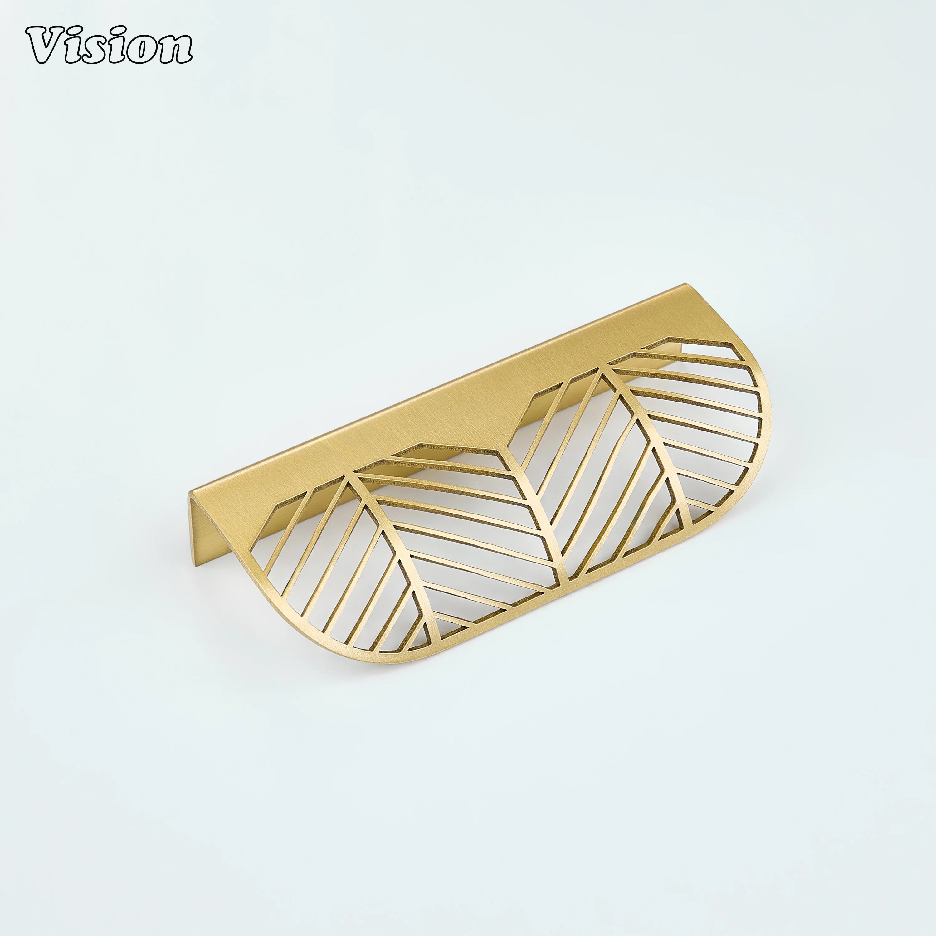 Plain brass cabinet handle in Gold with leaf cut detailing for contemporary wardrobes