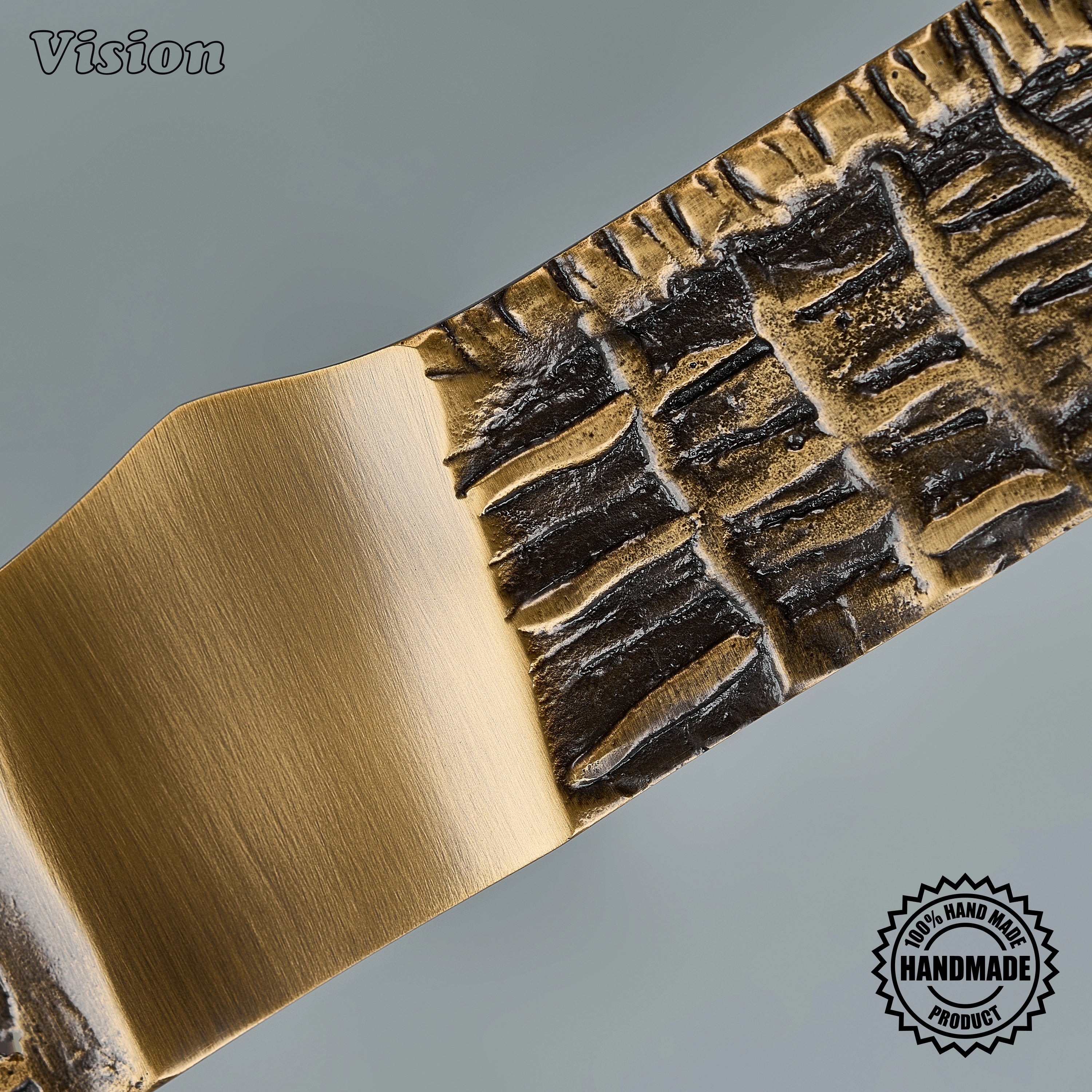 Heavy-duty antique bronze appliance pull with sculpted brass woven bar and posts for passage doors