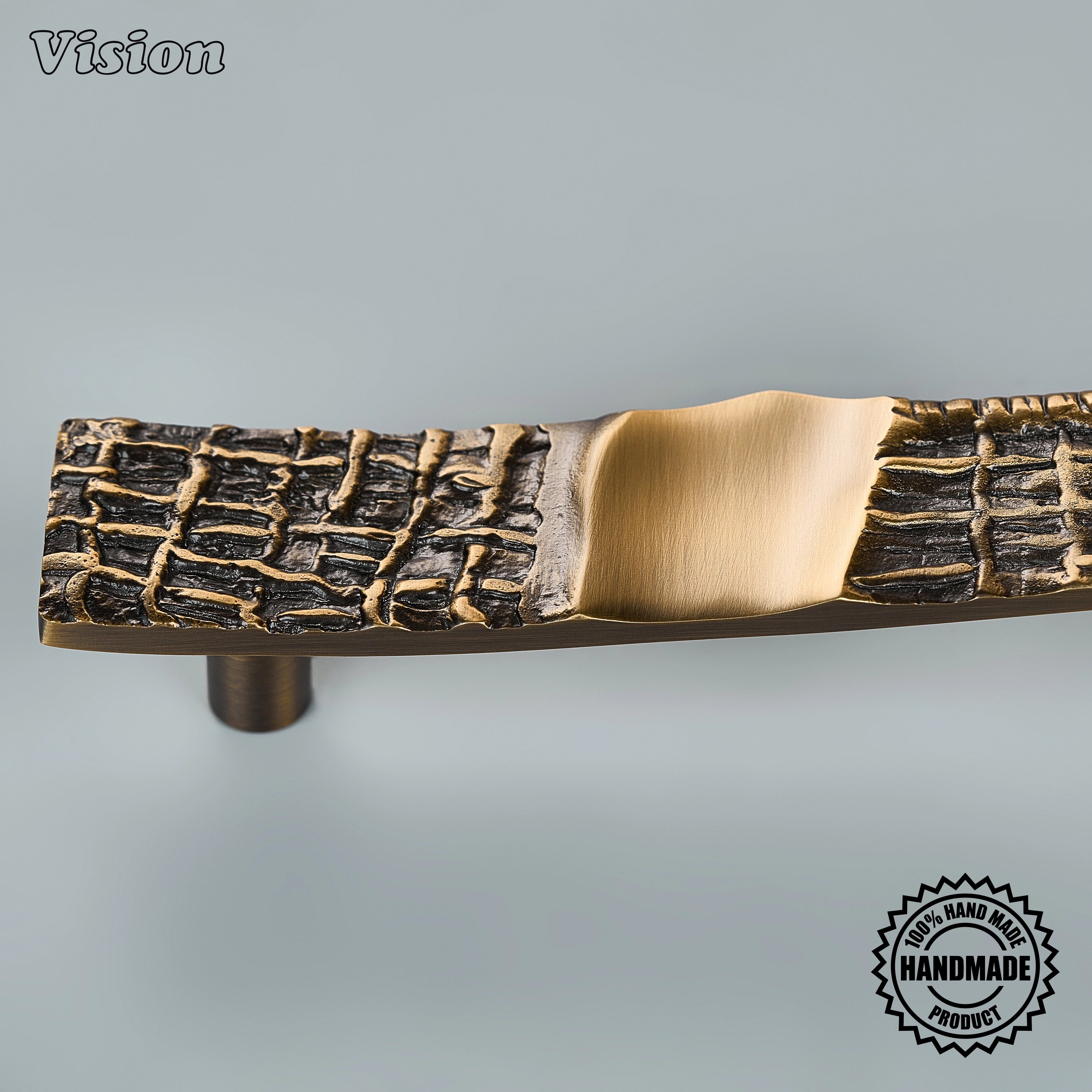 Handcrafted appliance pull in antique bronze finish featuring a dense woven bar for wardrobe doors