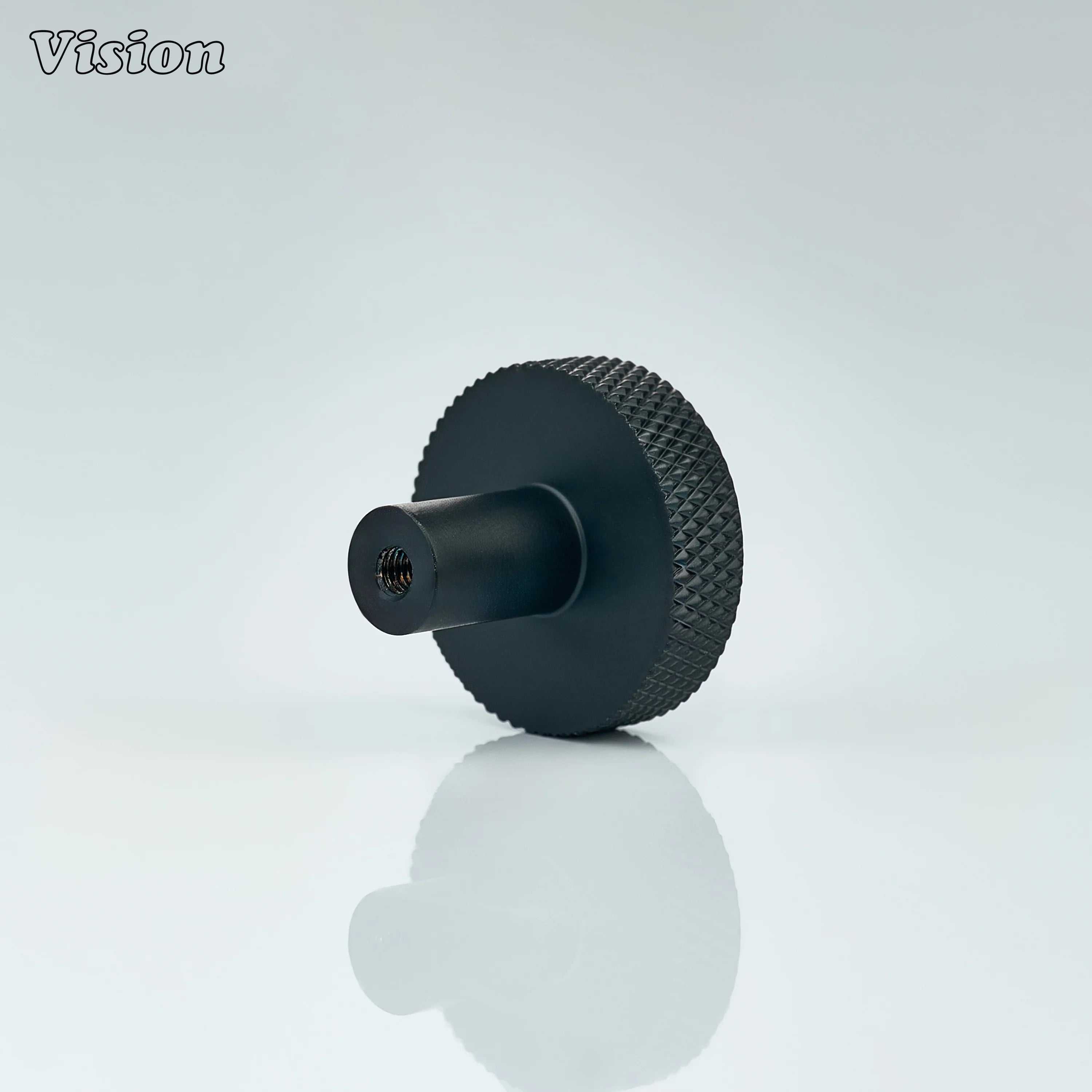 Black finished cabinet knob with cylindrical stem for drawer fronts