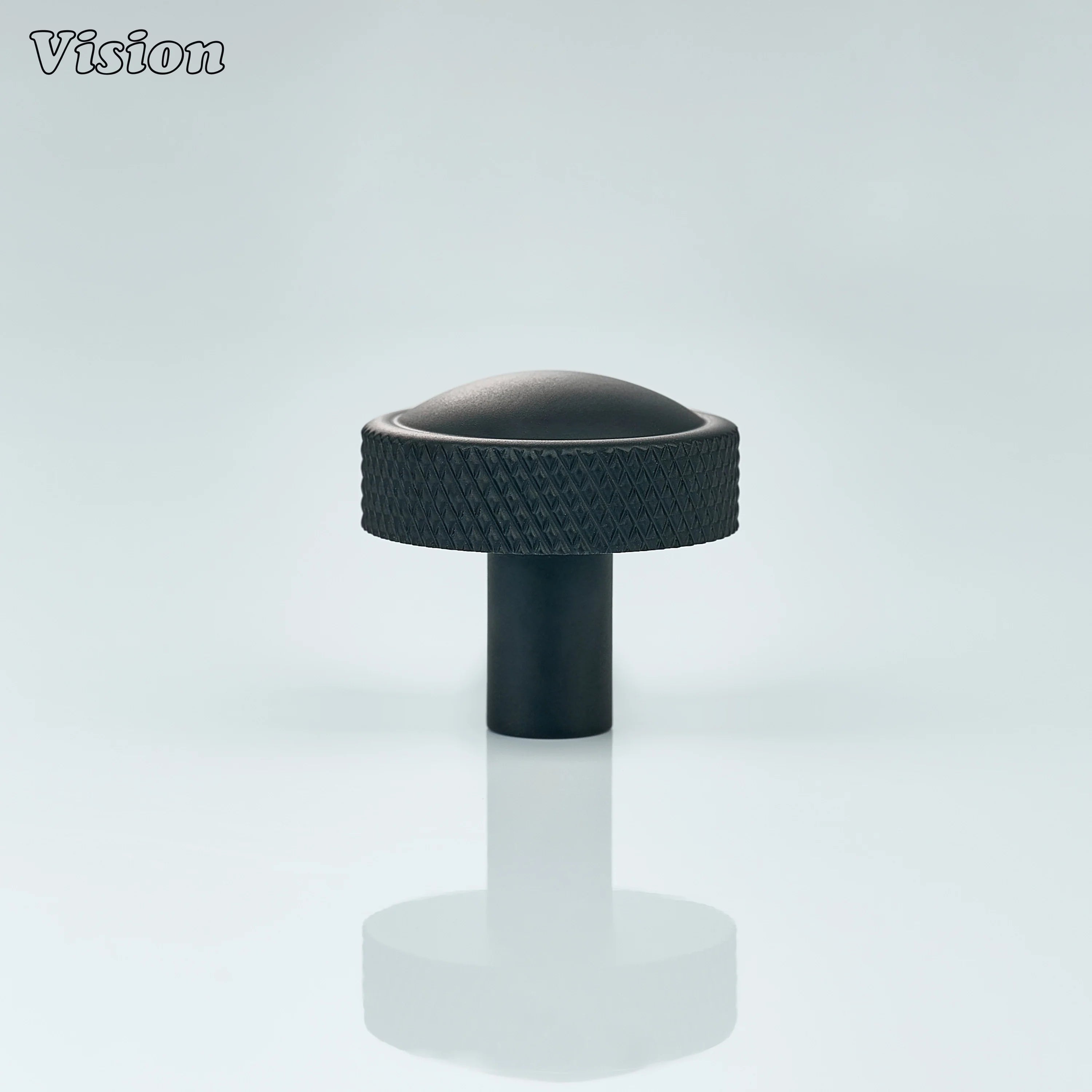 Black cabinet knob featuring precision knurled edge for furniture hardware