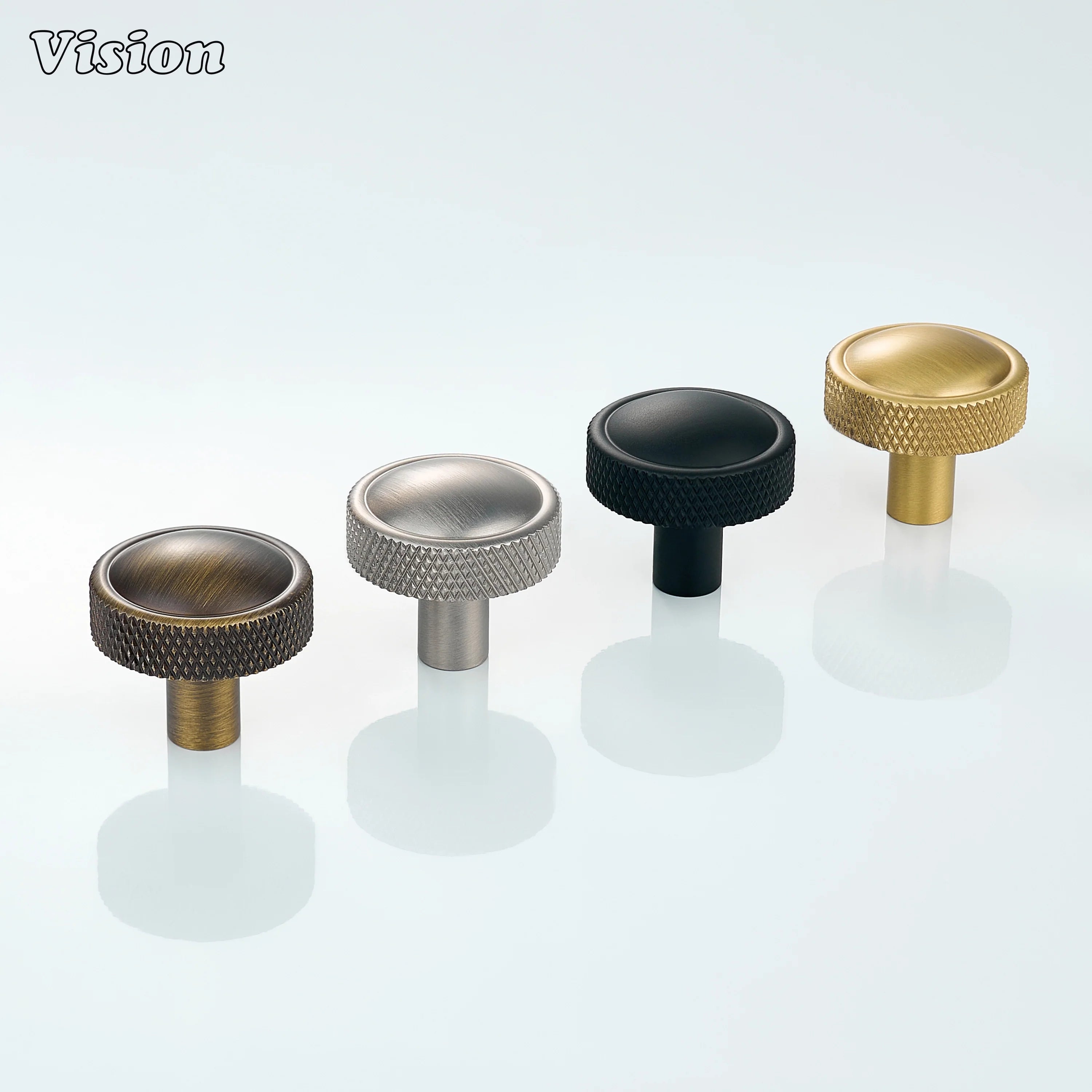Knurled round cabinet knob in Gold finish with cylindrical stem for modern wardrobe doors