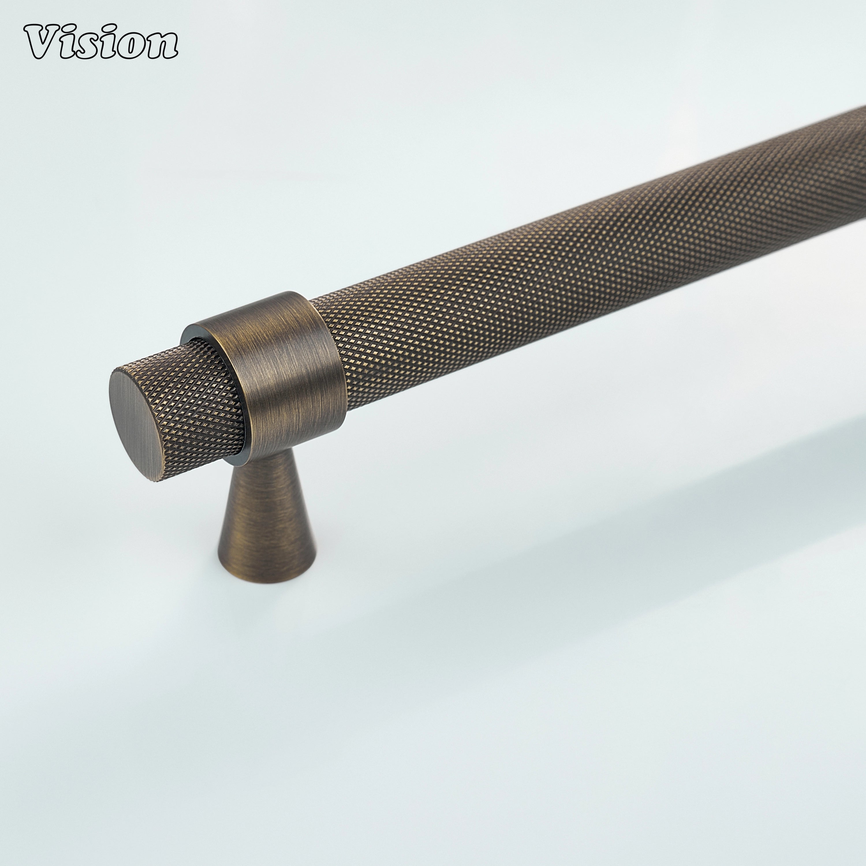 Antique Bronze knurled brass appliance pull with diamond grip and round bar design for integrated refrigerator doors.