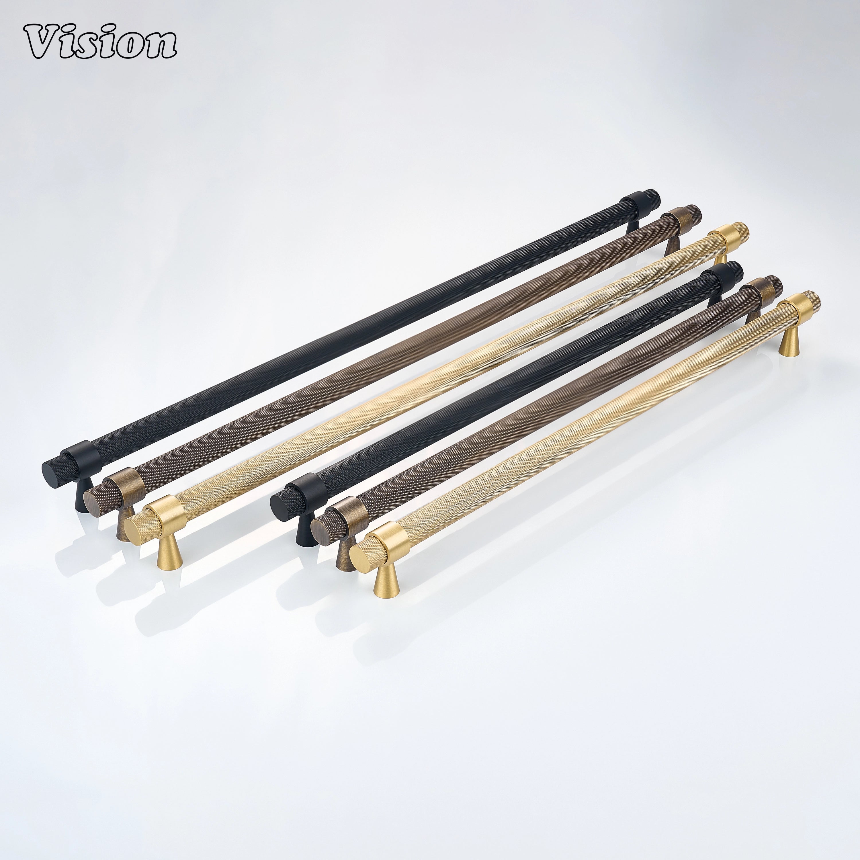Black knurled appliance handle featuring textured solid brass construction for pantry appliance cabinets.