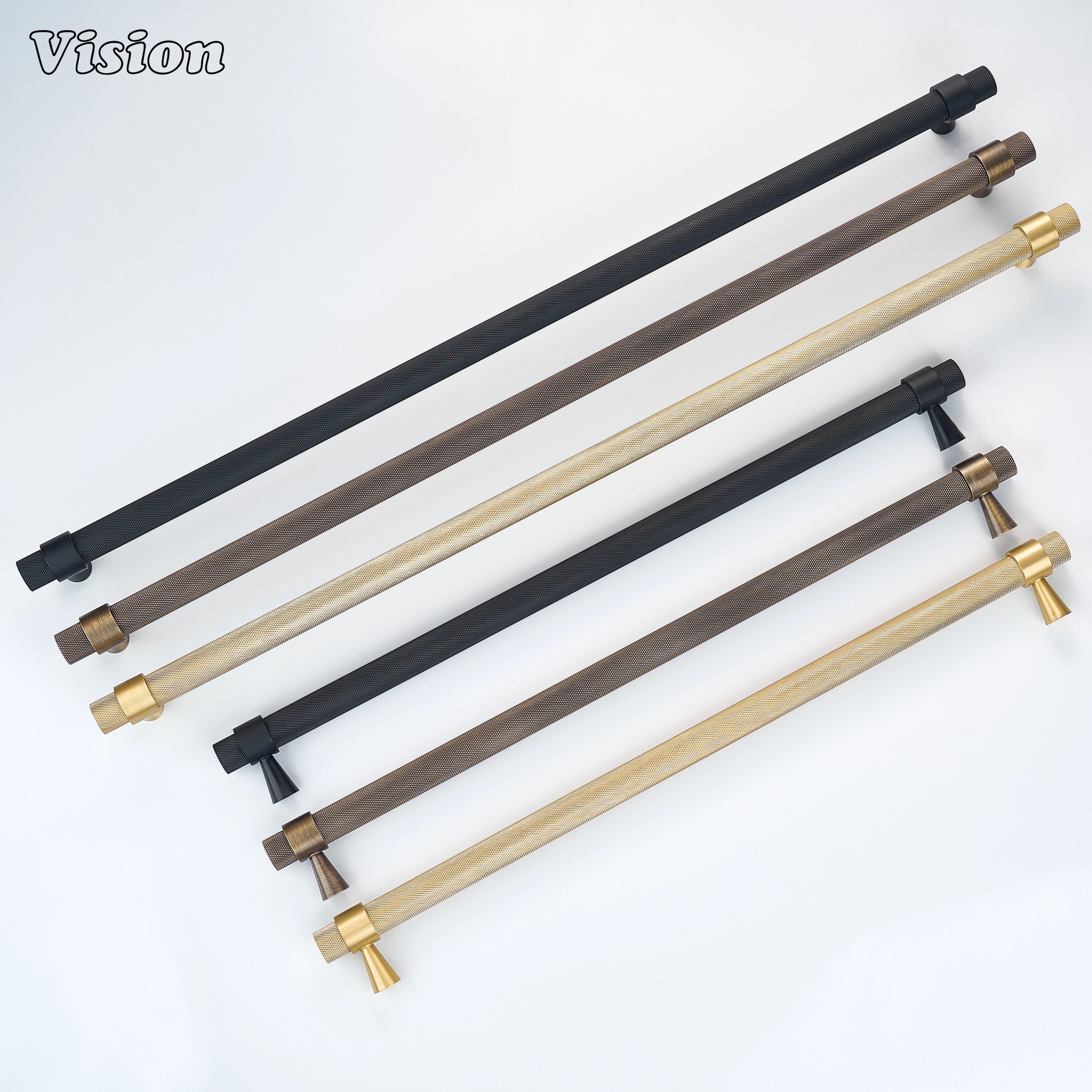 Black solid brass appliance pull with precision diamond knurling for built-in freezer cabinetry.