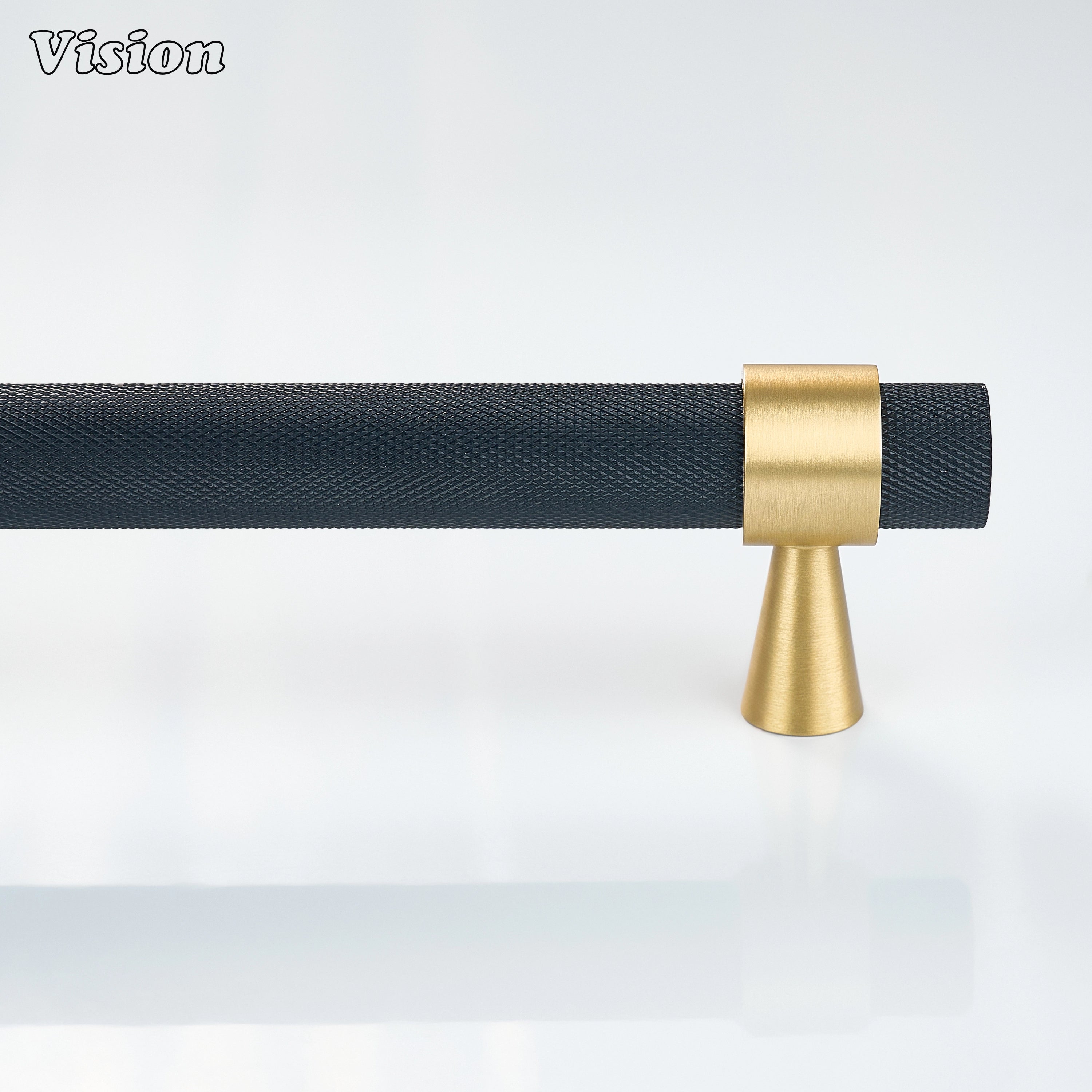Black and Gold knurled brass appliance handle for designer pantry appliance cabinetry.