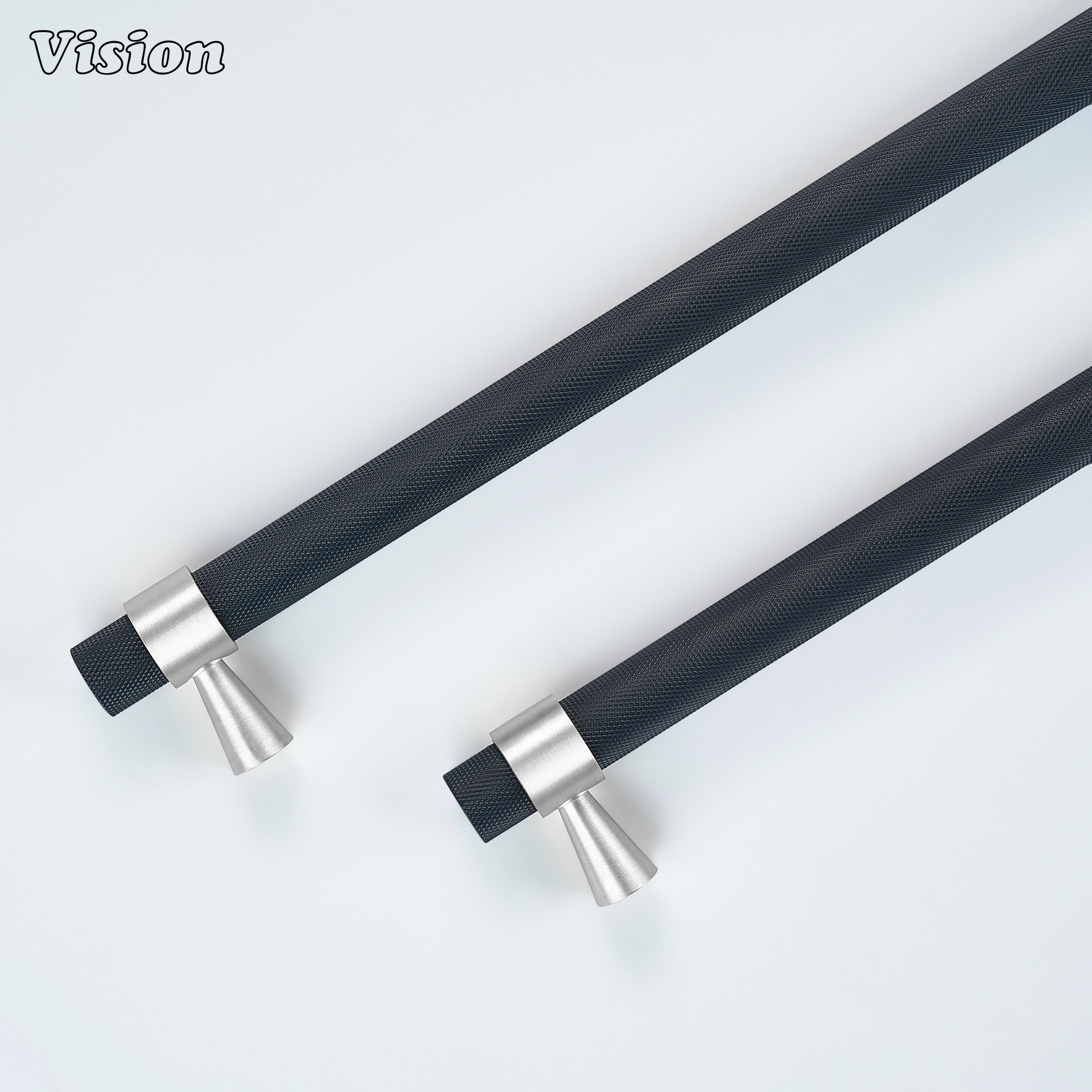 Contemporary Black and Silver appliance pull with precision knurled finish for refrigeration systems.