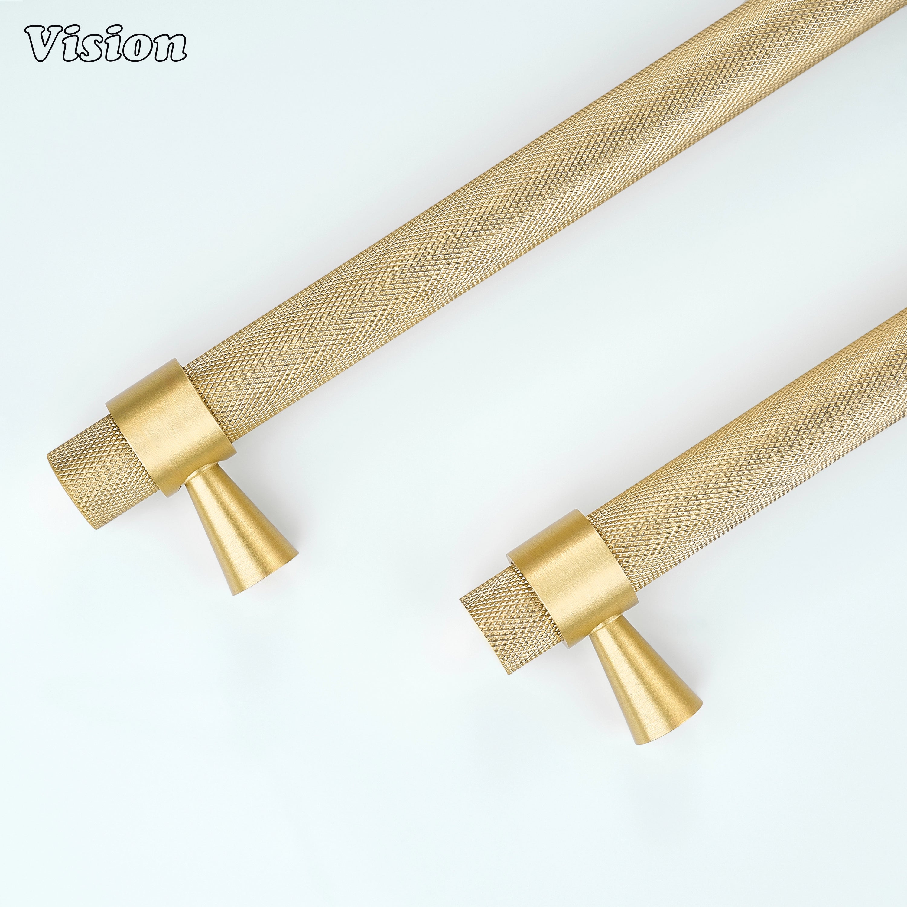 Contemporary Gold knurled appliance handle with precision-machined brass bar for built-in kitchen refrigeration.