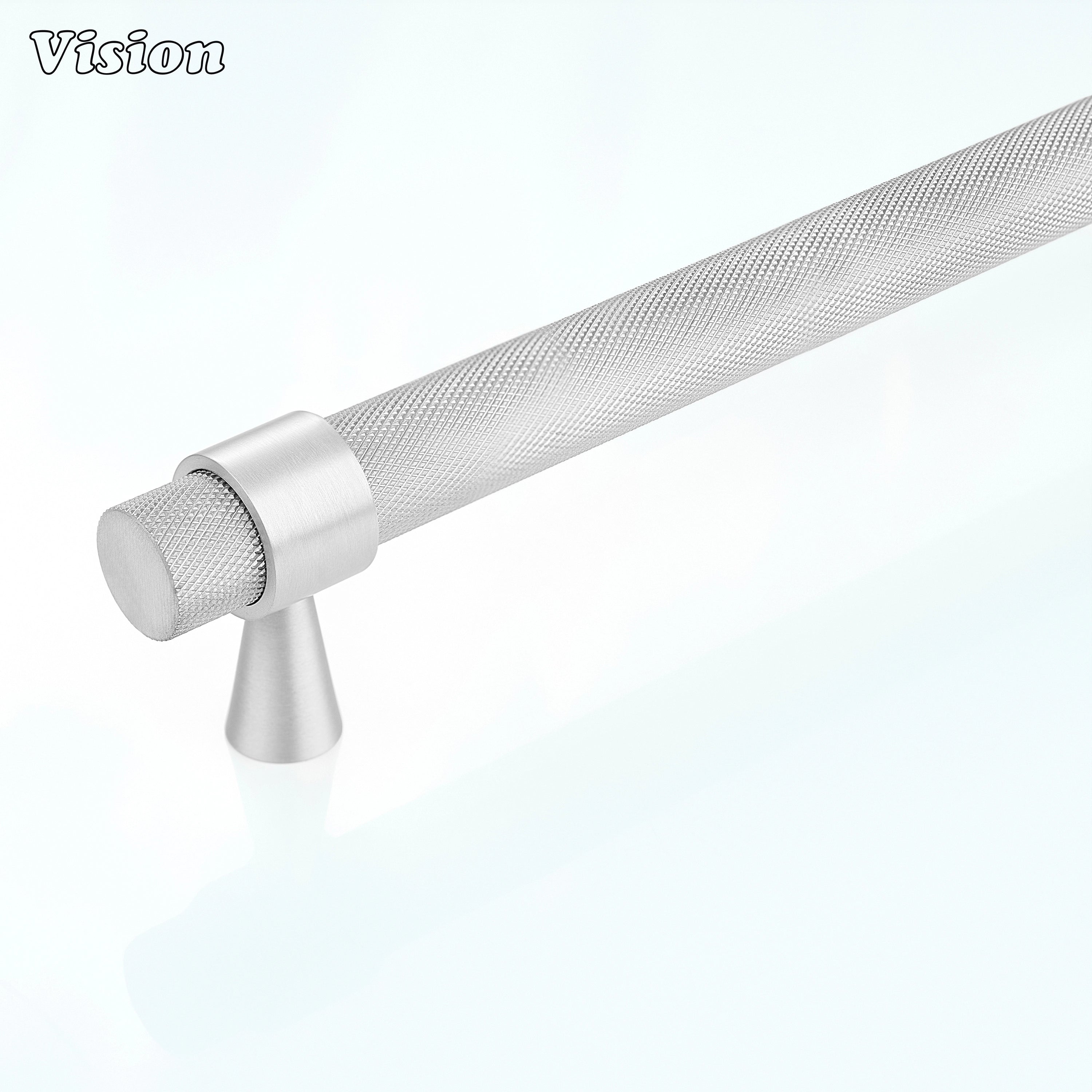 Silver knurled brass appliance pull with diamond grip and round bar design for integrated refrigerator doors.