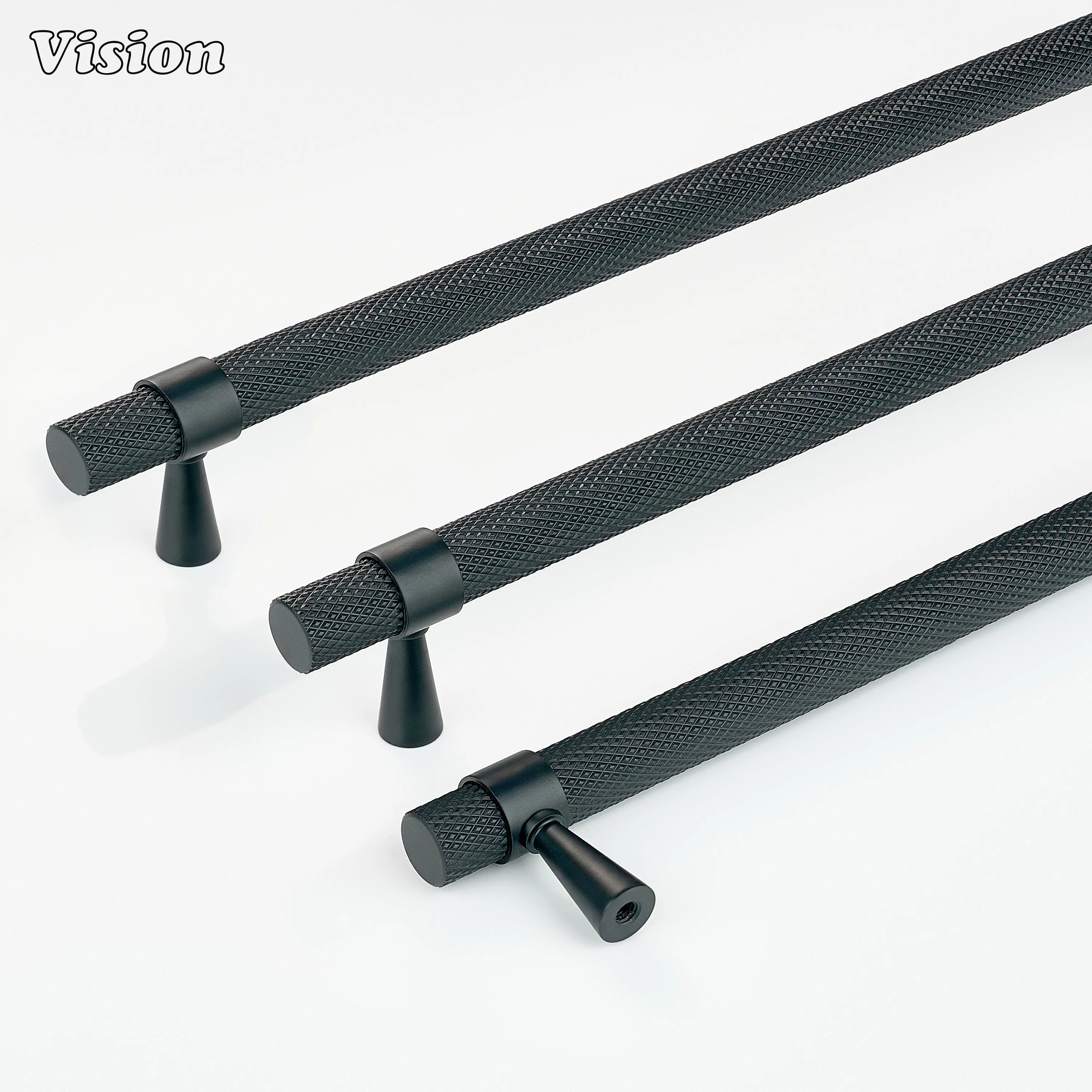 Black cabinet handle with textured bar and cone legs for drawers