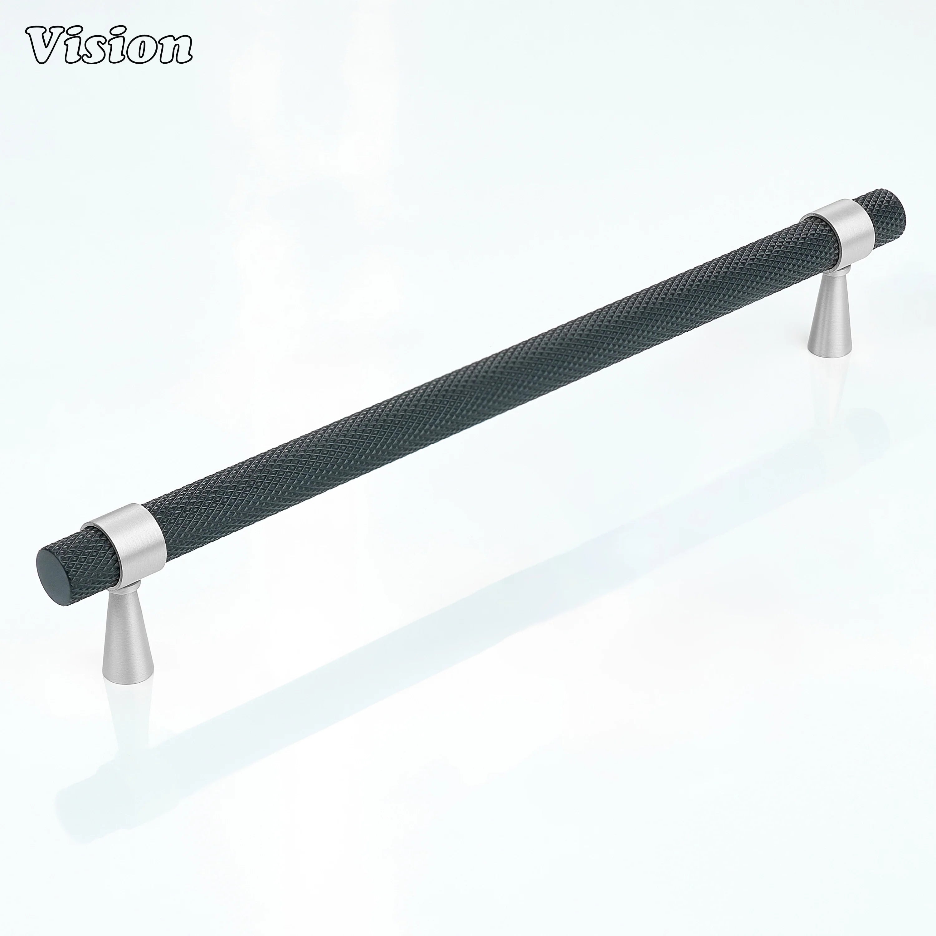 Knurled Black cabinet handle paired with Silver cone legs for cabinets
