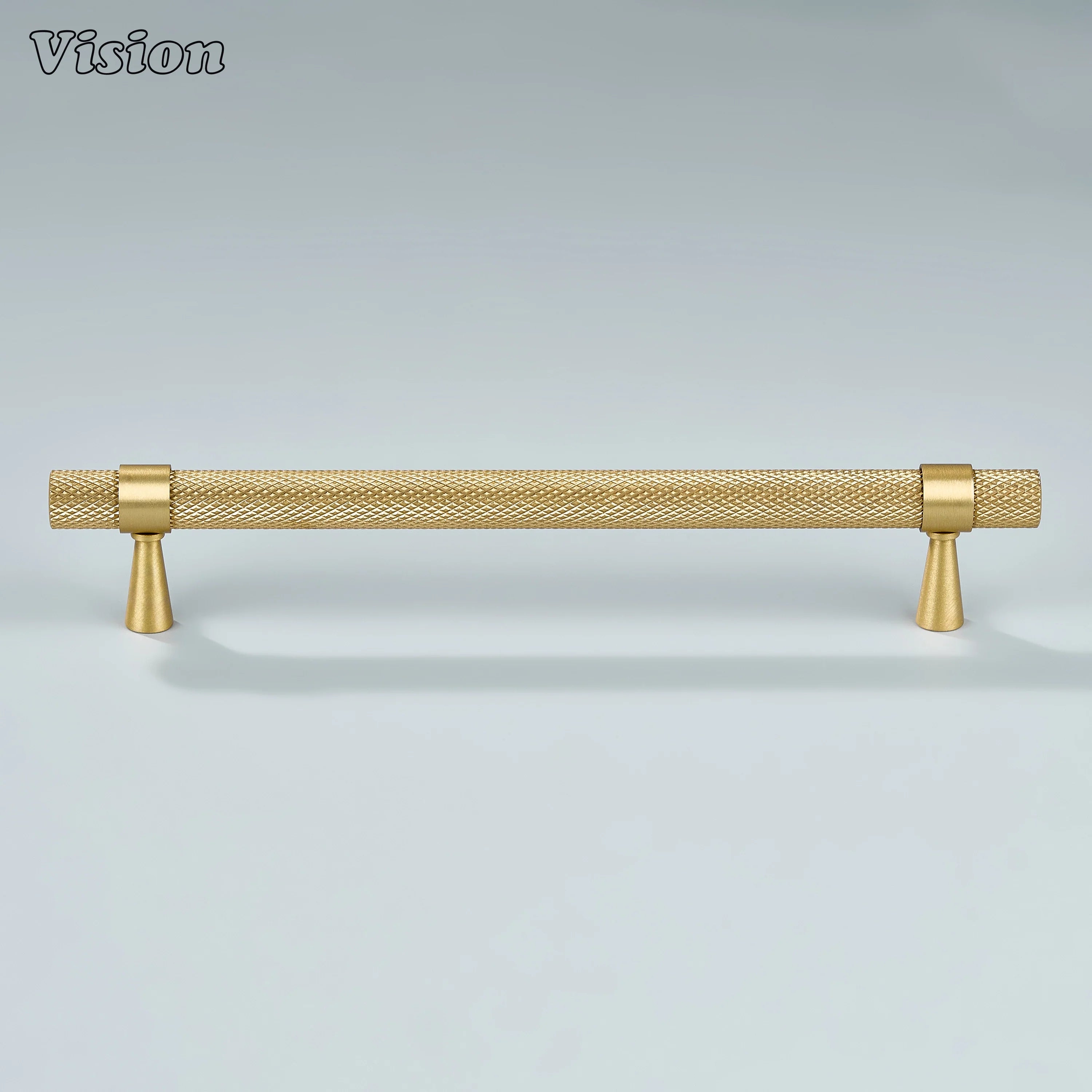 Modern gold knurled handle with cone legs used for cupboards.