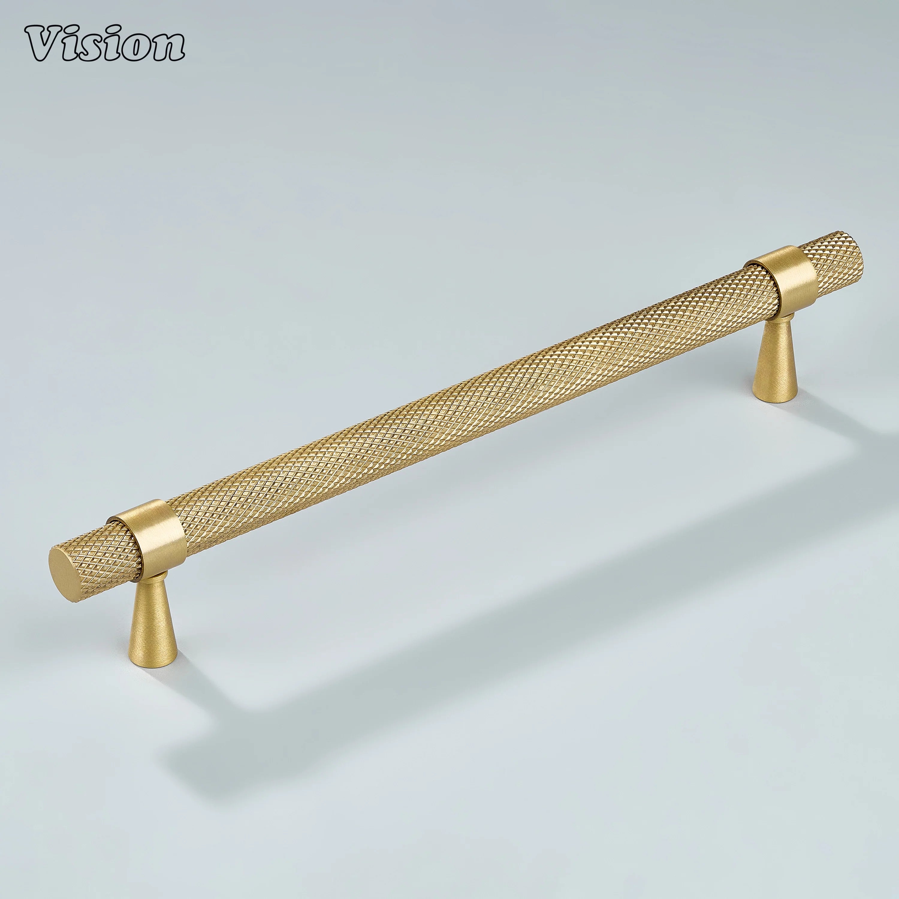 Modern gold knurled handle with cone legs used for bathroom cabinets.